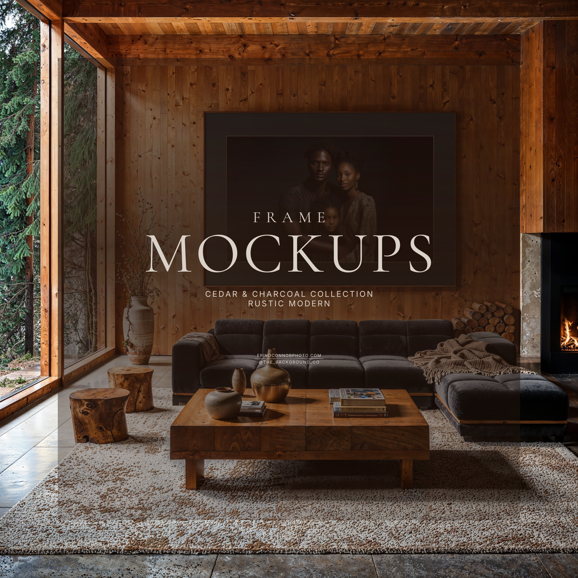 Wood cabin living room mockup with large windows, black sectional sofa, fireplace, and an oversized horizontal black frame with wide mat, panoramic wall art frame mockup for prints and photos.