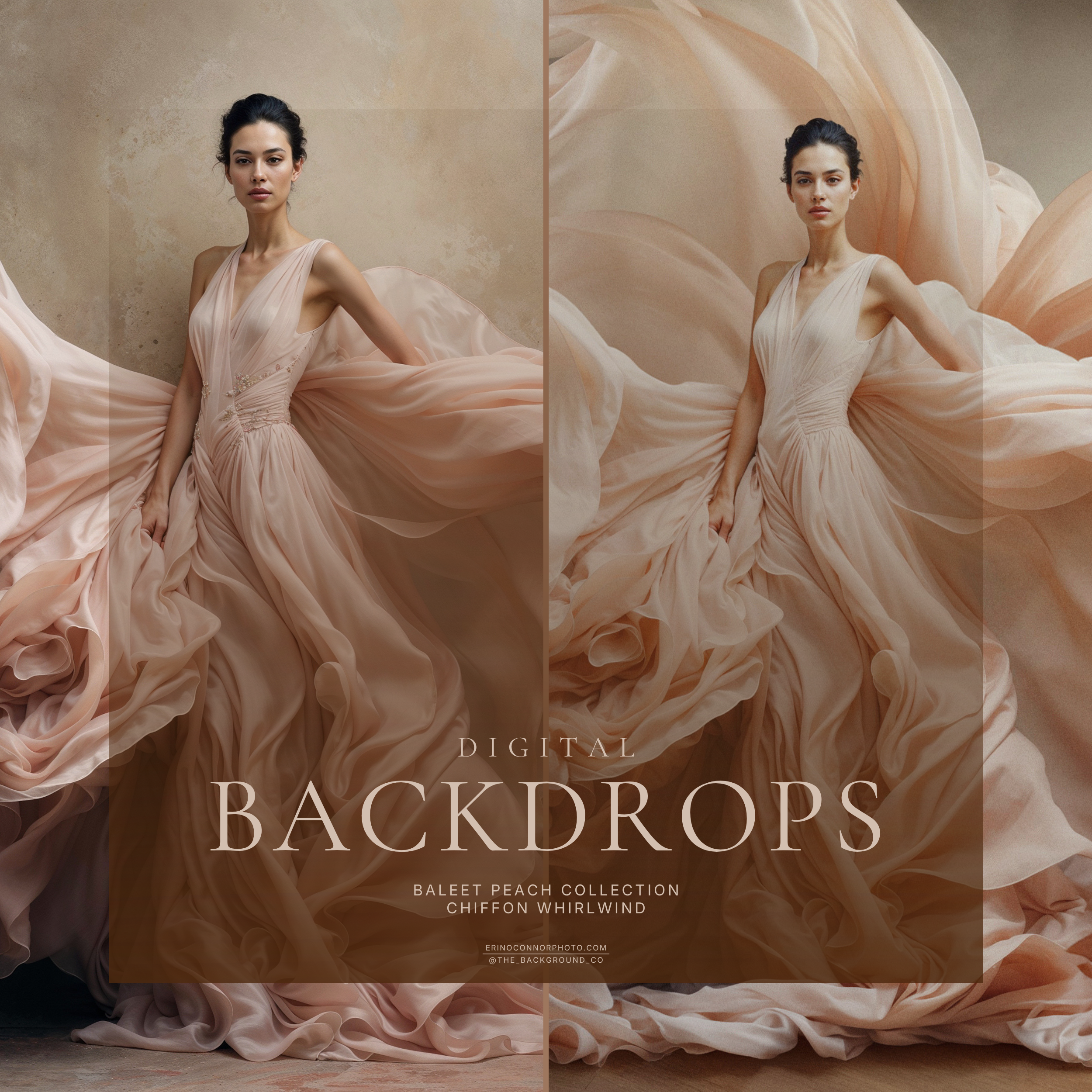Before and after image showing a portrait composite created with the Chiffon Whirlwind: Ballet Peach digital background, featuring a woman in a flowing peach gown against sculptural chiffon fabric.