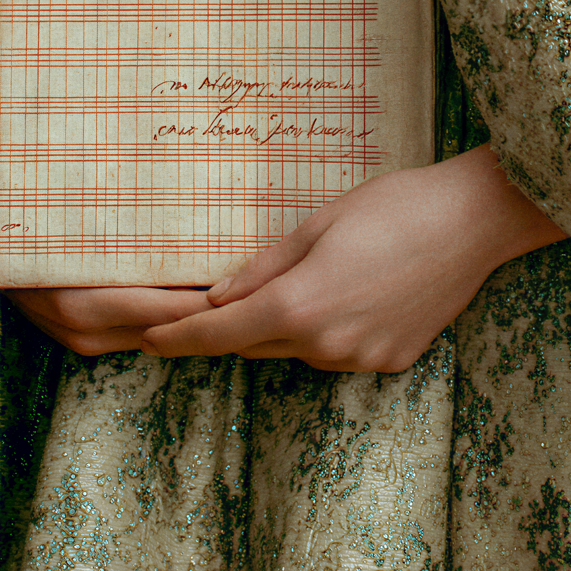 Close-up of Sidonie’s hands supporting aged ledger pages against her textured brocade gown.