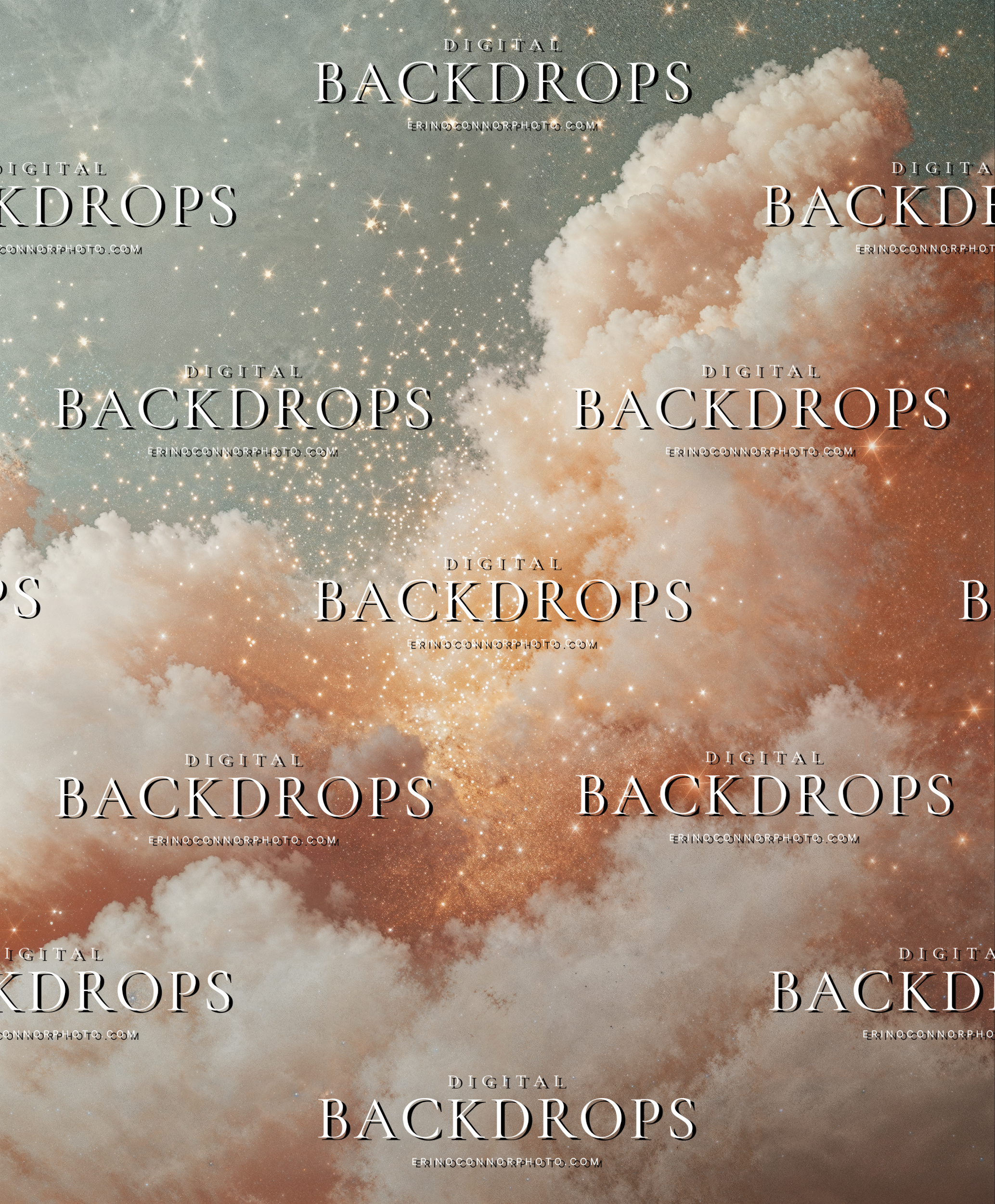 Pastel celestial cloud backdrop with pale blue light, soft peach clouds, and glittering star texture for ethereal fine art portraits.