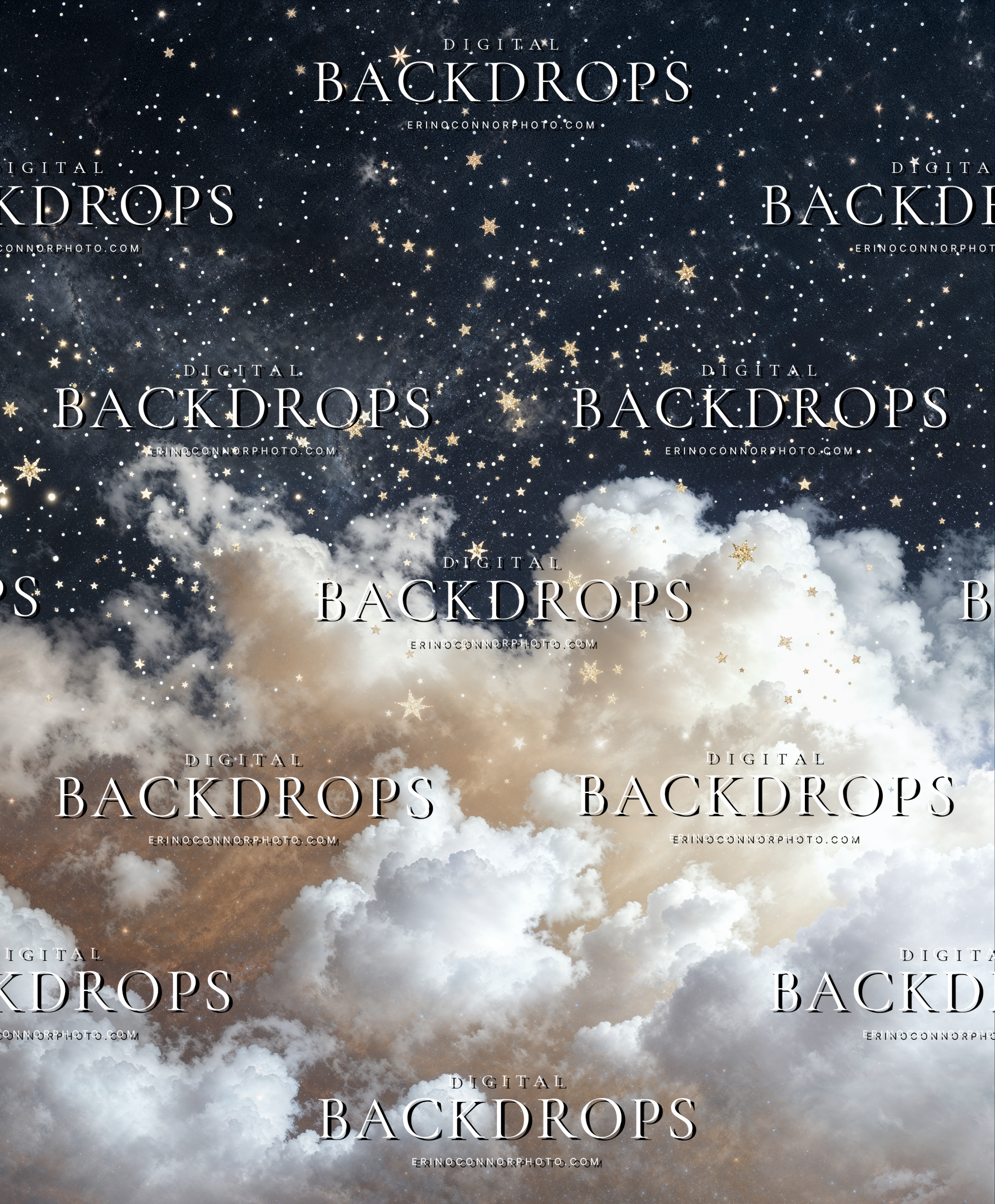 Storybook inspired celestial background with white clouds, illustrated star details, and a deep navy sky for whimsical portrait composites.