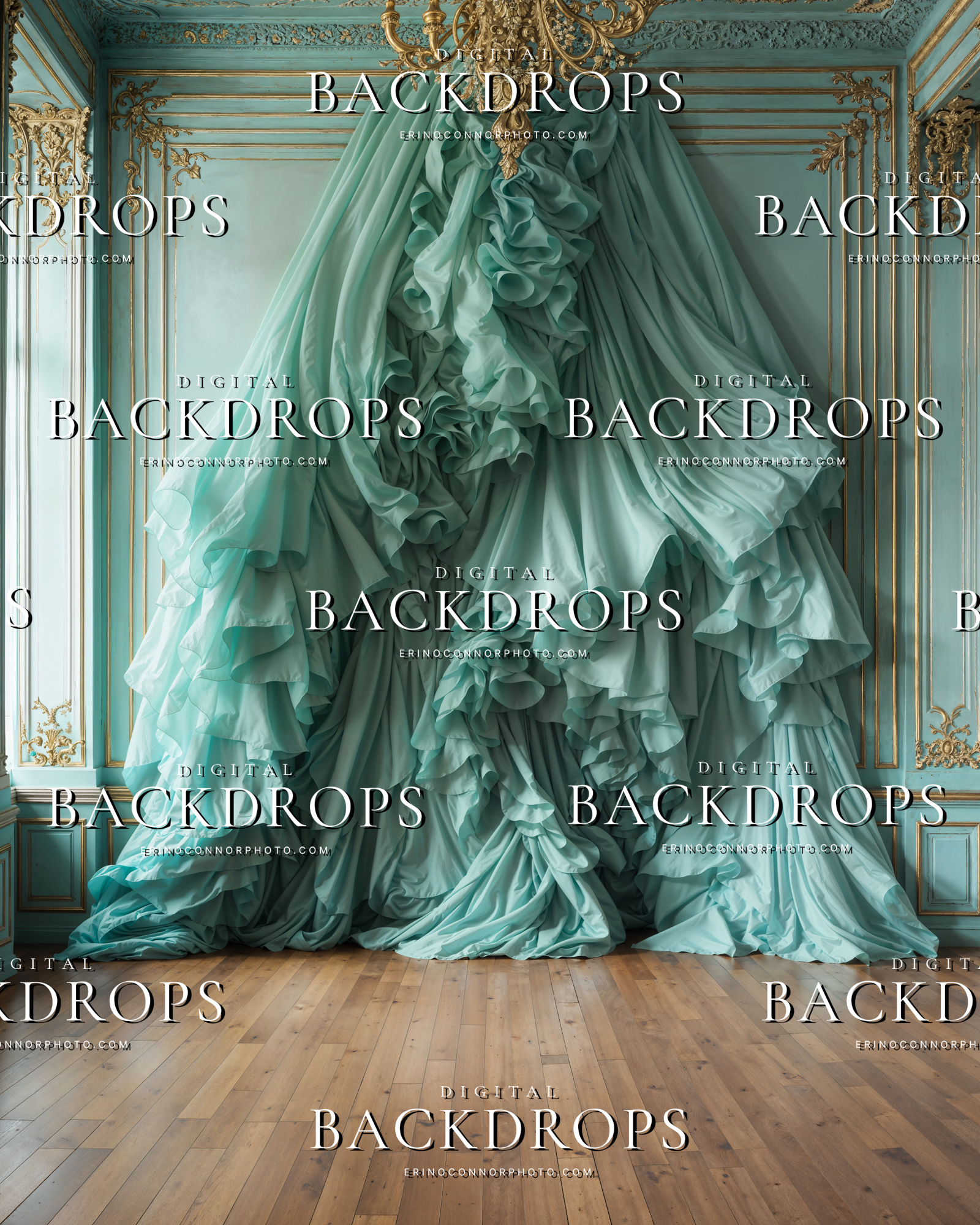 Aqua mint silk portrait backdrop with sculptural fabric flowers, gilded wall molding, and romantic parlor styling for photographers.