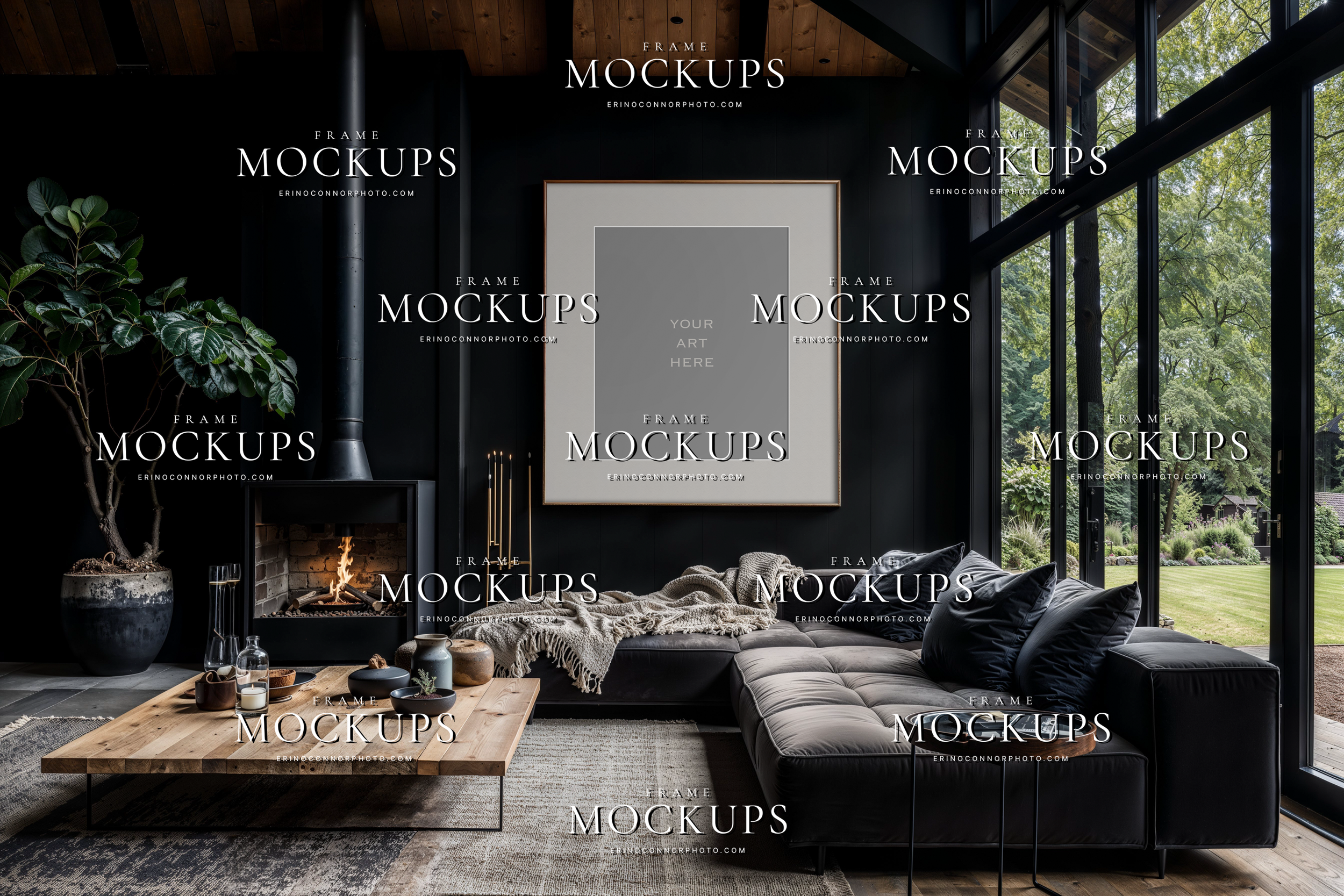 Modern rustic clean frame mockup with portrait frame, black paneled walls, contemporary fireplace, dark sectional sofa, and large windows in an upscale rustic interior.