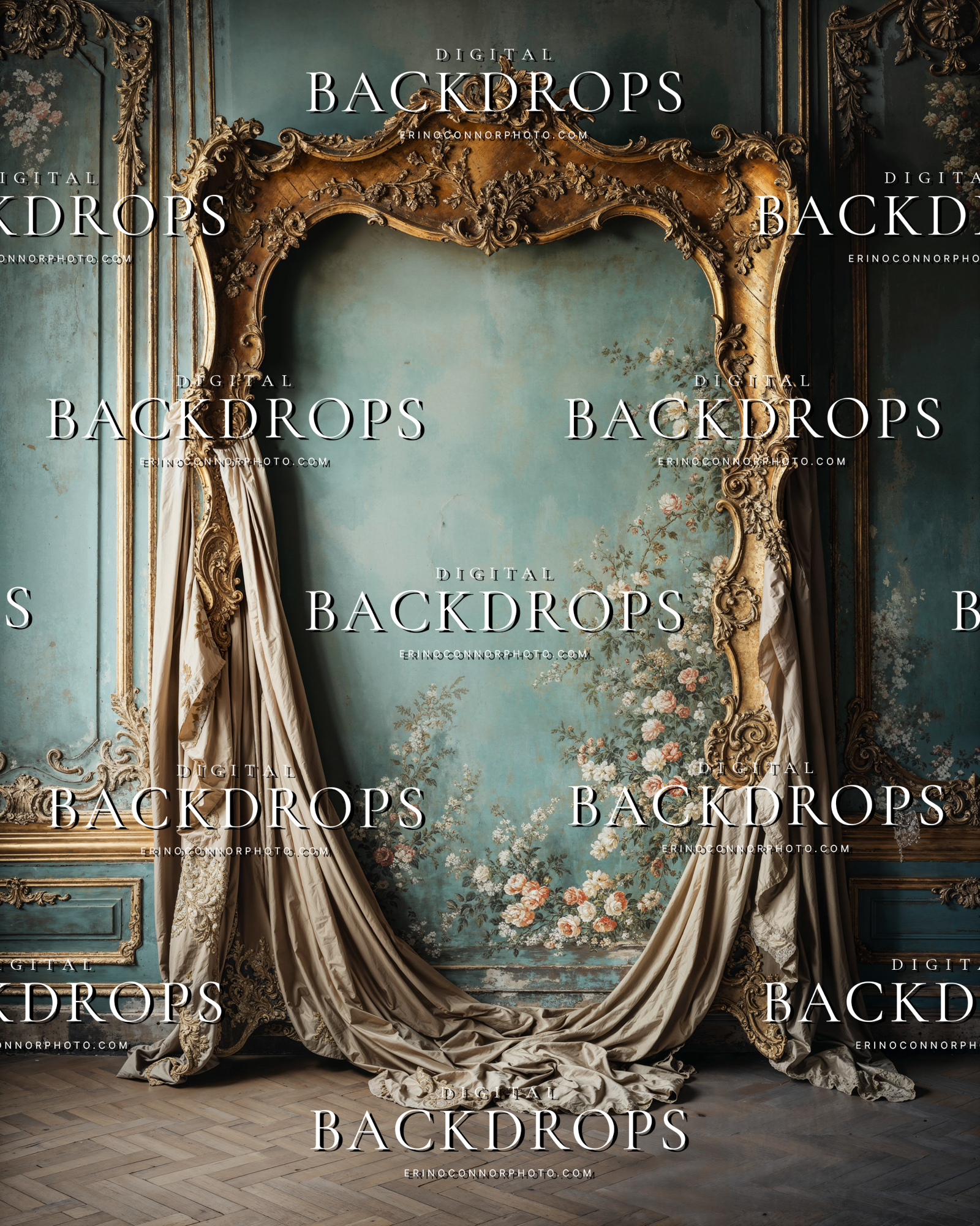 Vintage rococo oval arch digital background with ornate gilded frame, draped silk pooling at base, painted floral mural on teal patina wall, high resolution JPEG.