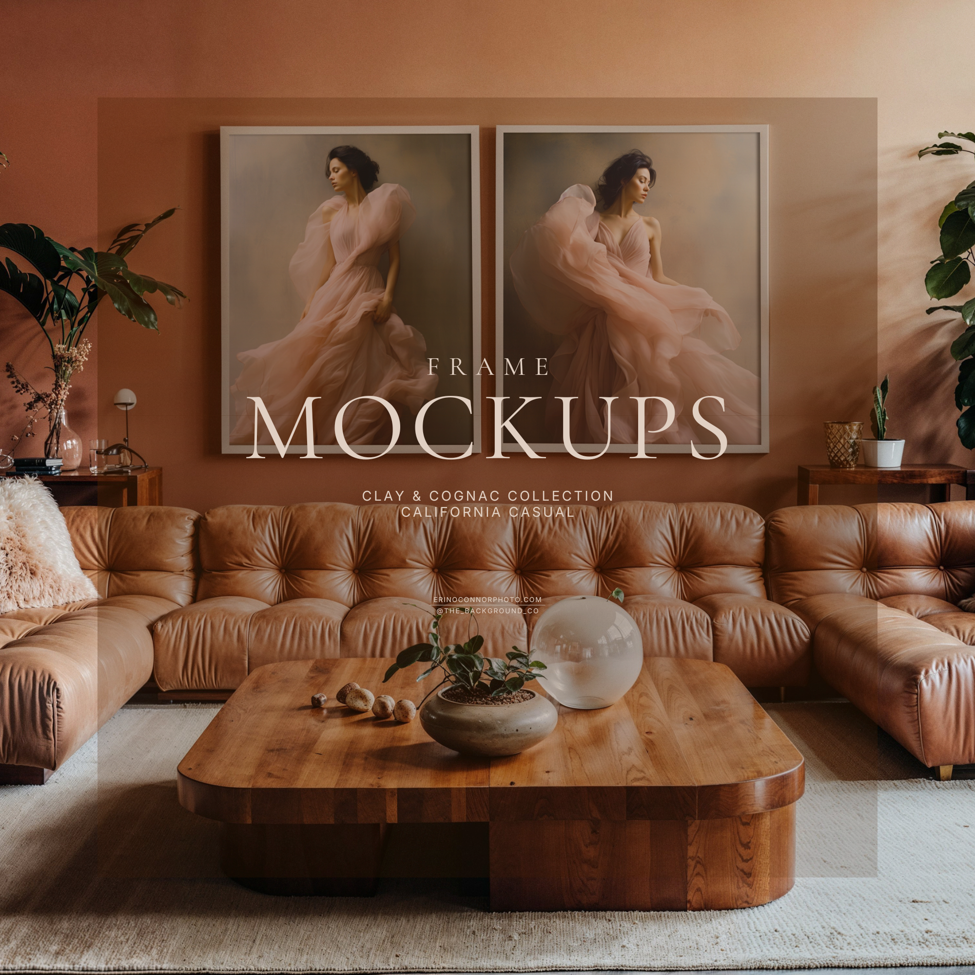 California casual wall art mockup with two framed artworks above cognac leather sectional, terracotta wall, plants, wood beams and neutral rug, for artists and photographers.