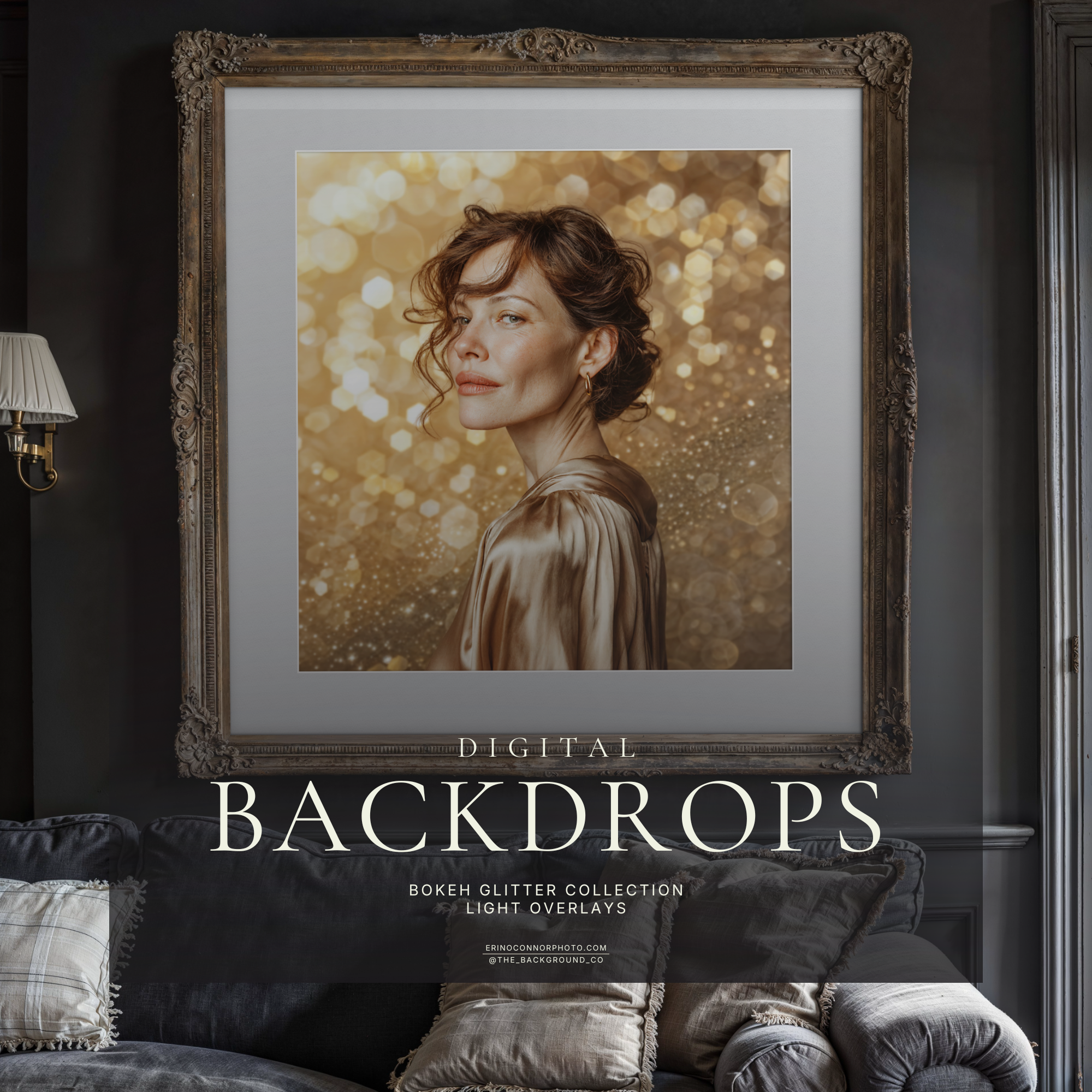 Gold bokeh glitter portrait displayed as framed wall art in a moody vintage room mockup with an ornate frame and soft neutral matte.