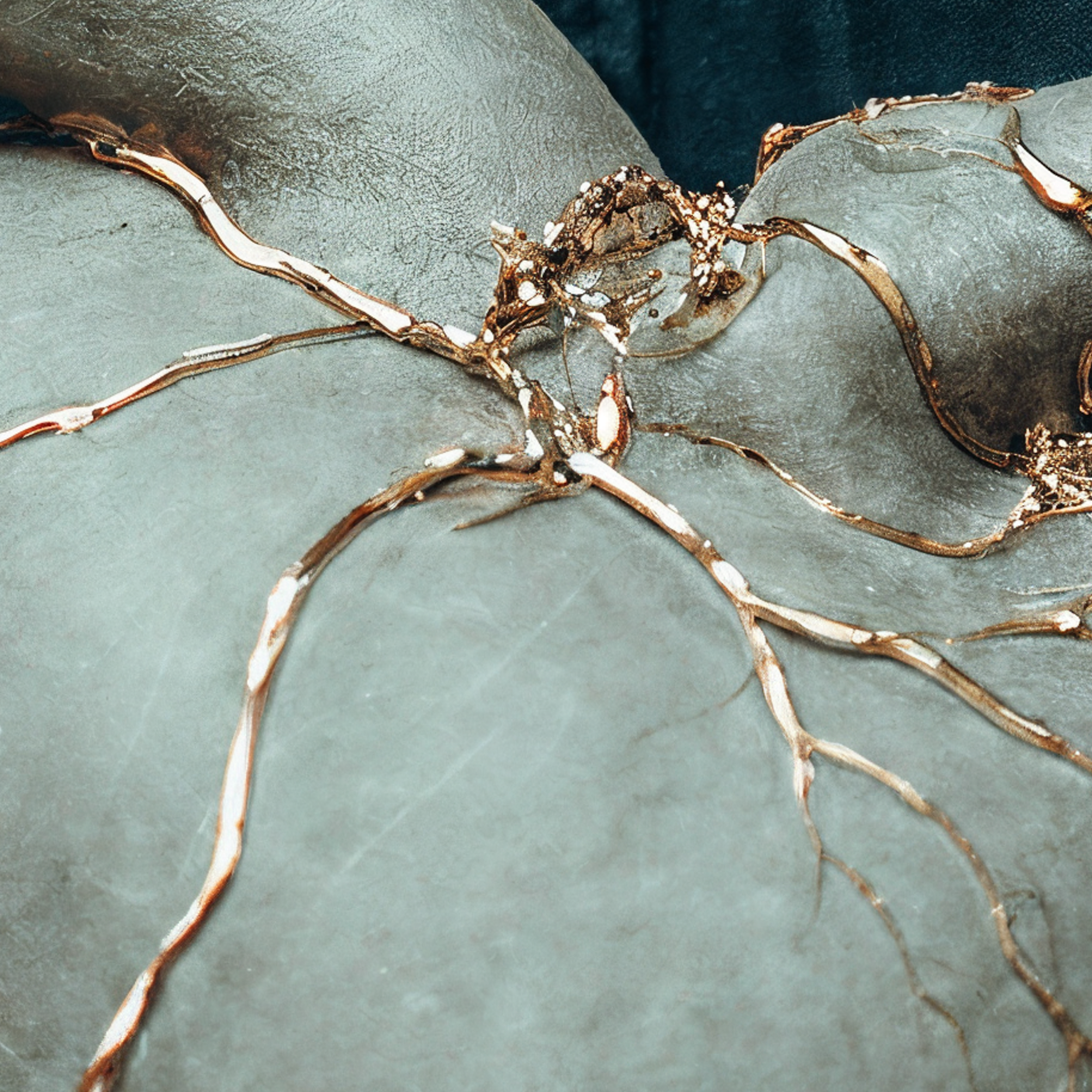 Macro detail of metallic repair lines tracing fractures across the pale heart held by Sable.