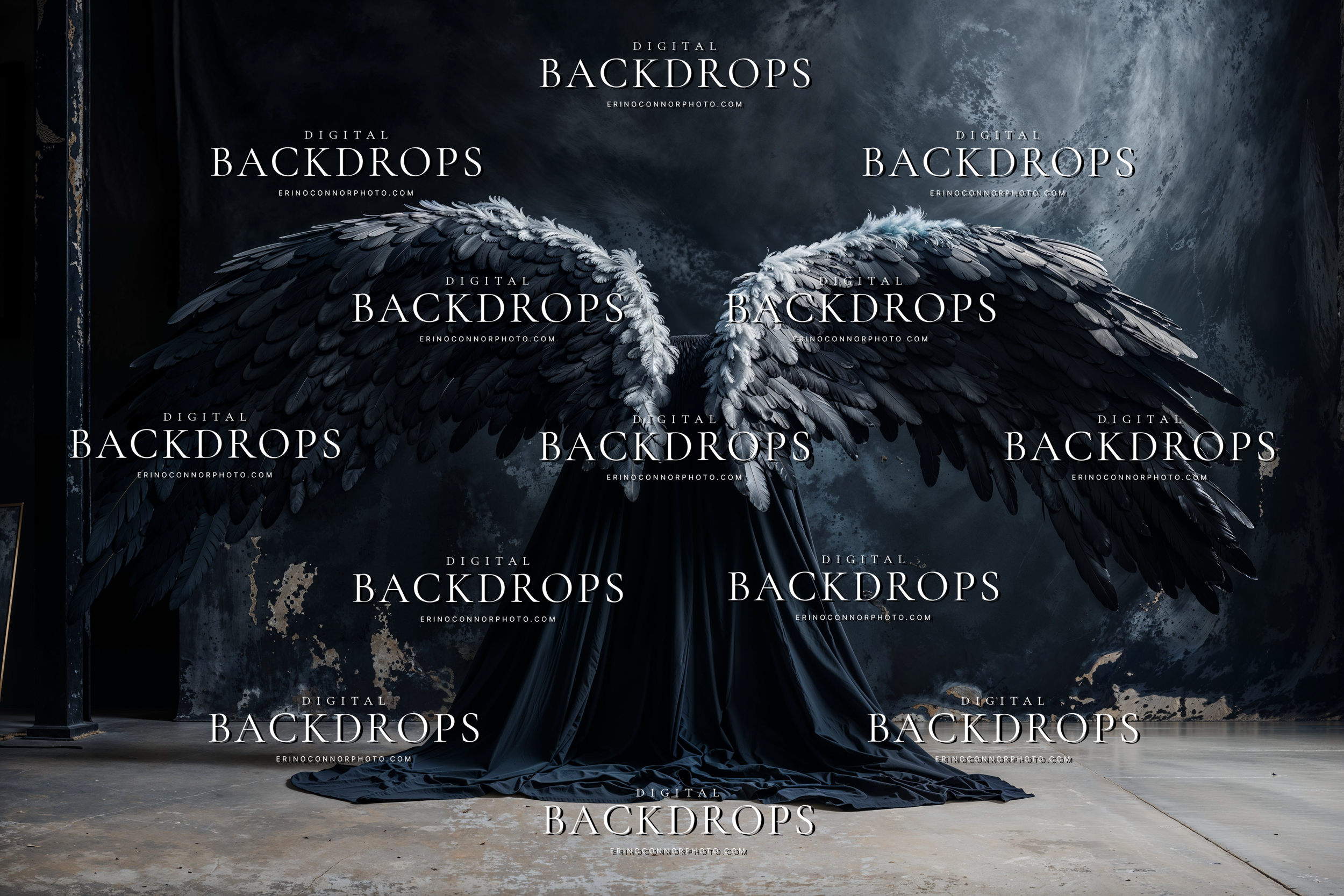 Black angel wings backdrop with layered feathers and draped cloth against distressed industrial studio wall, cinematic digital background for fantasy portraits.