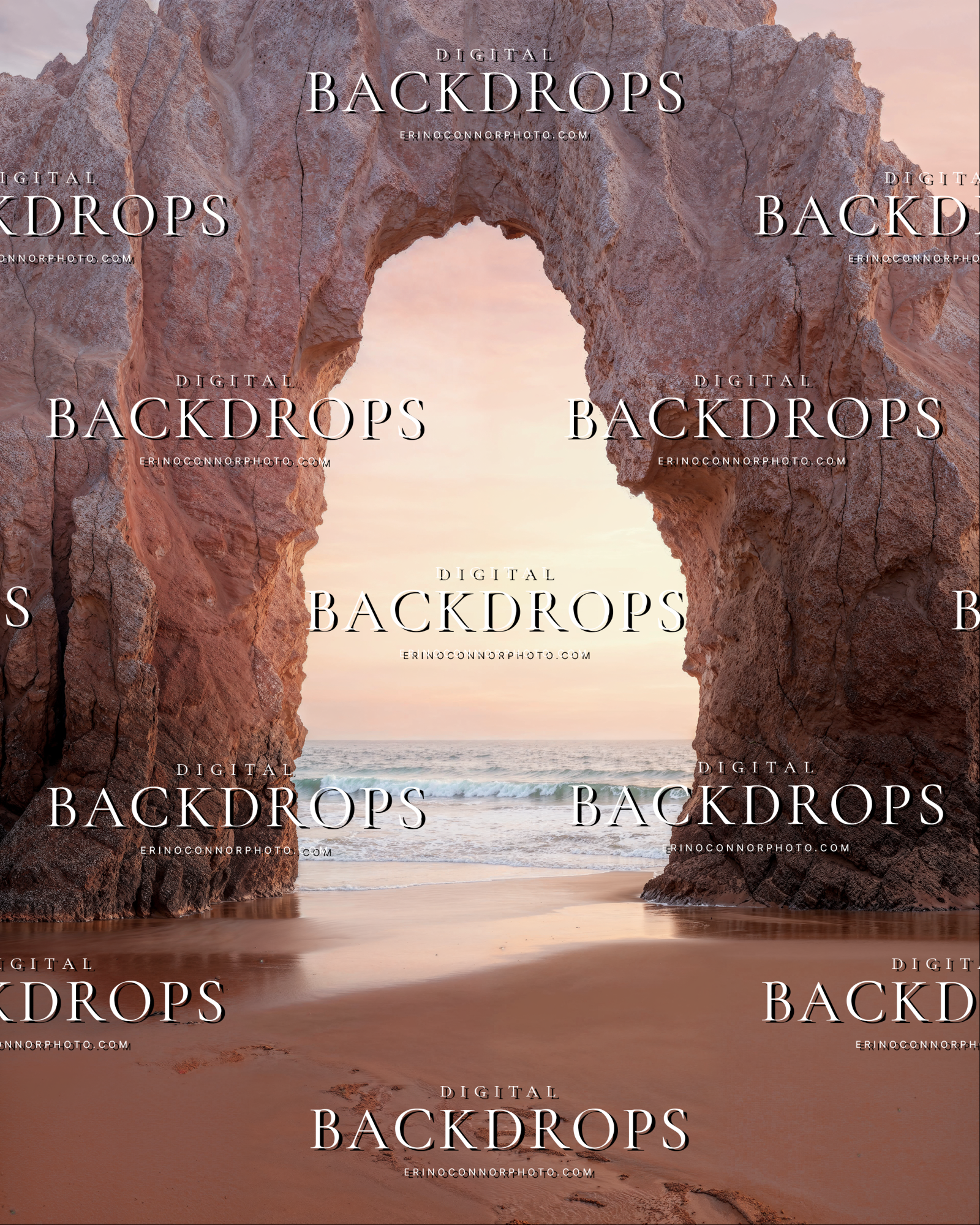 Sunset Beach Arch Blush Horizon digital background featuring a tall natural stone beach arch opening to the sea with soft pink sky, wet sand, and peaceful sunrise light.