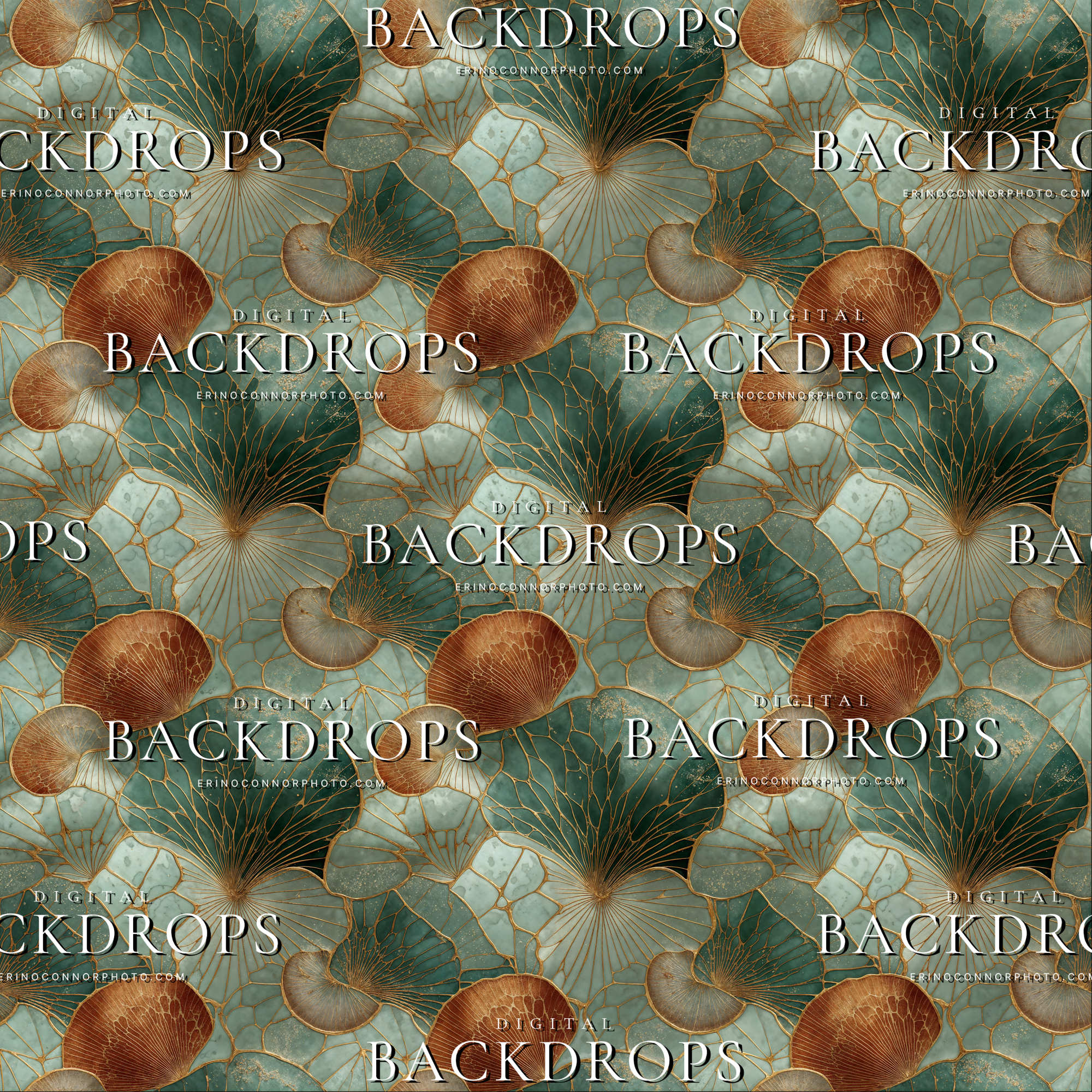 Art Deco coral fan digital background with teal stained glass texture, copper reef shapes, gold linework, and vintage glamour mood.