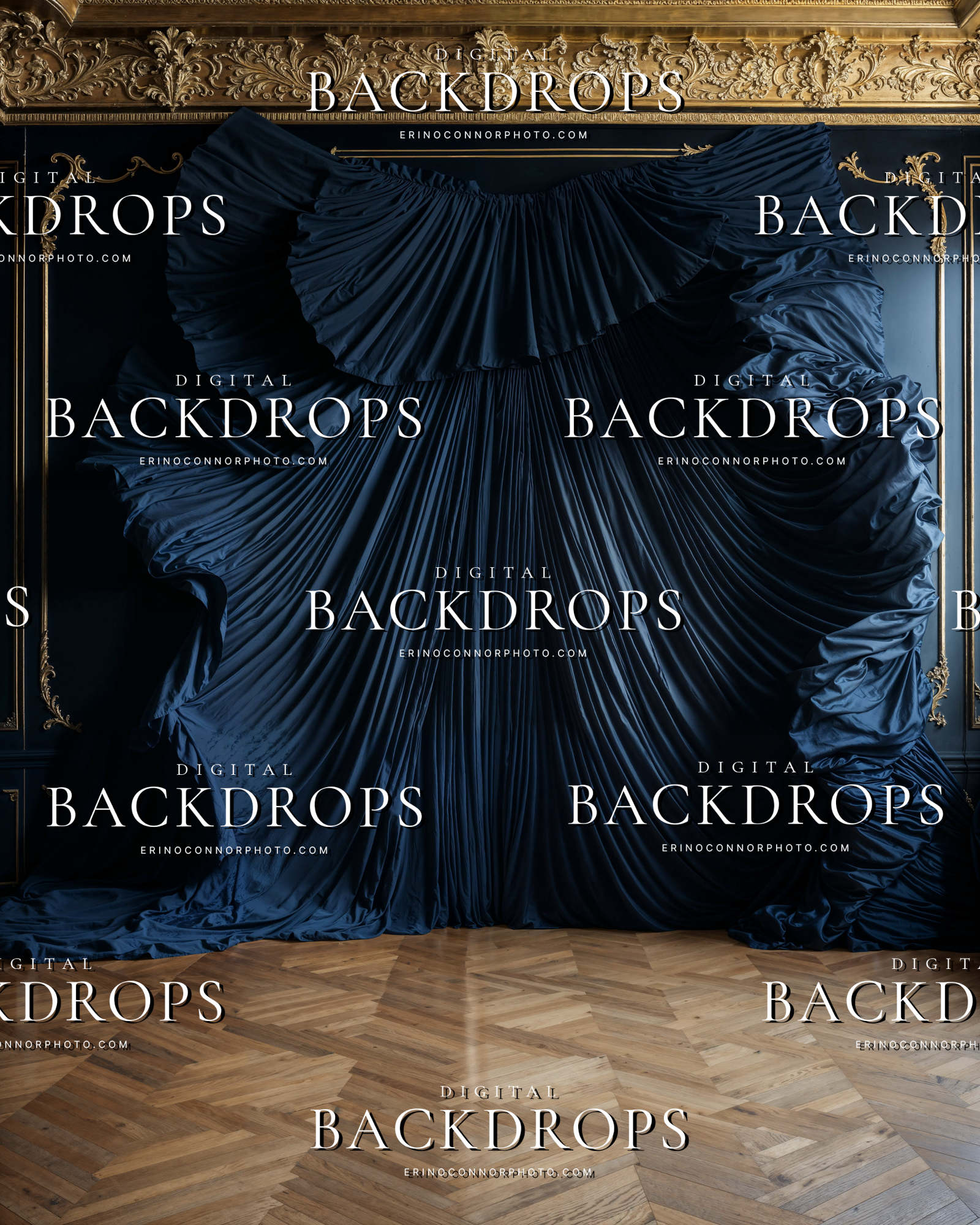 Pleated sapphire silk backdrop with gilded molding and dark paneled walls for fine art and maternity photography composites.