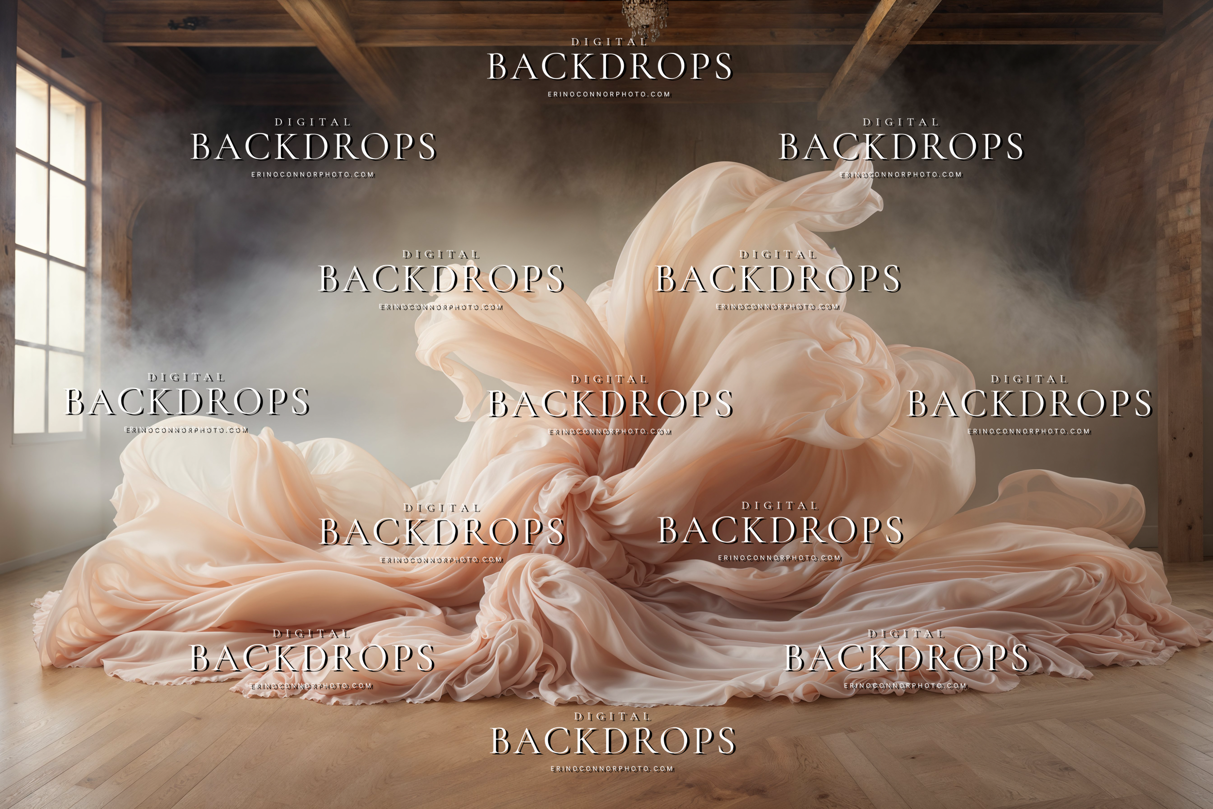Peach chiffon digital background with sweeping fabric forms and soft haze in a warm wood beamed studio interior.