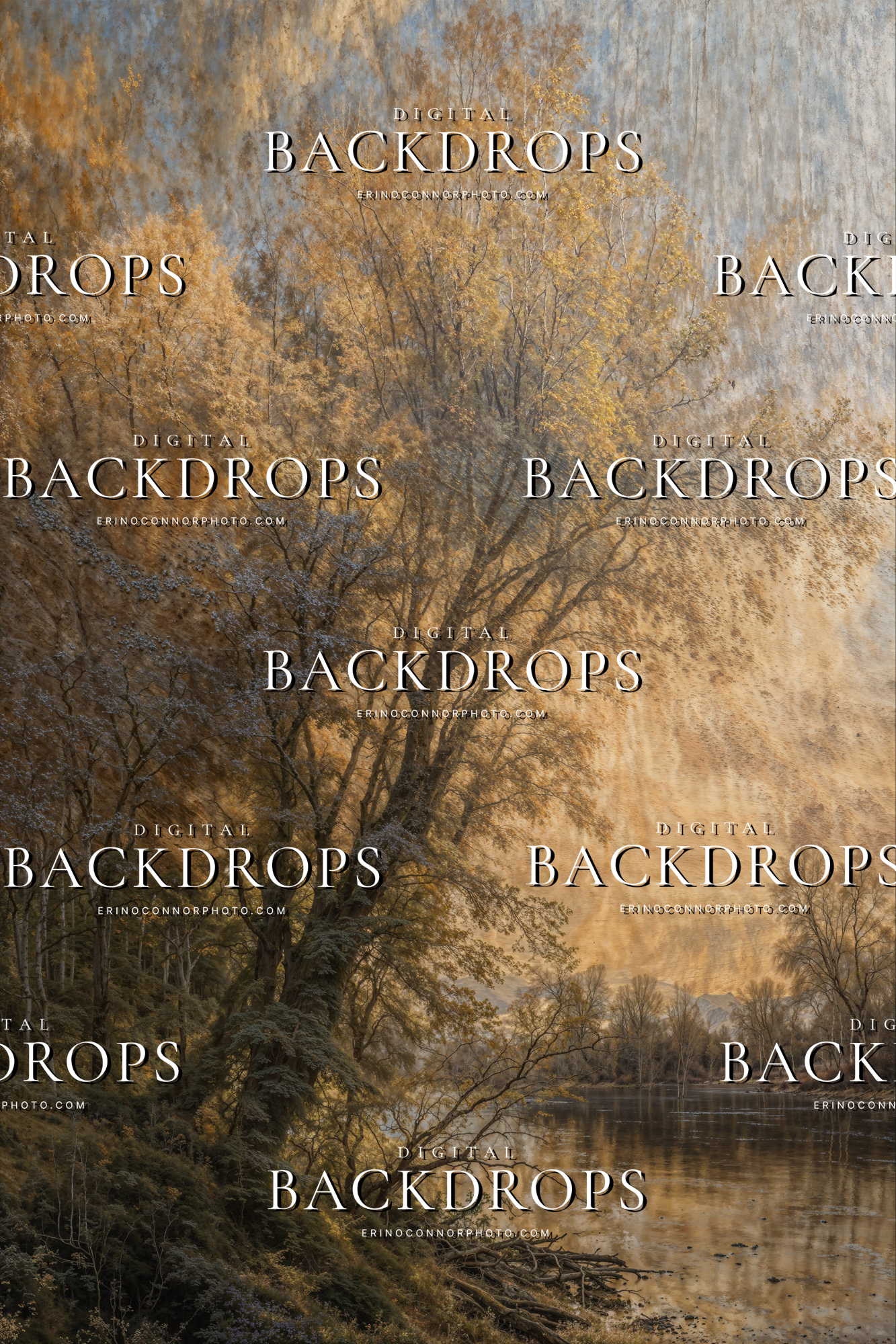 Old Masters Varnished Valleys digital background: golden river and autumn trees in warm haze, classic oil-paint landscape; maternity and fine-art portrait backdrop.