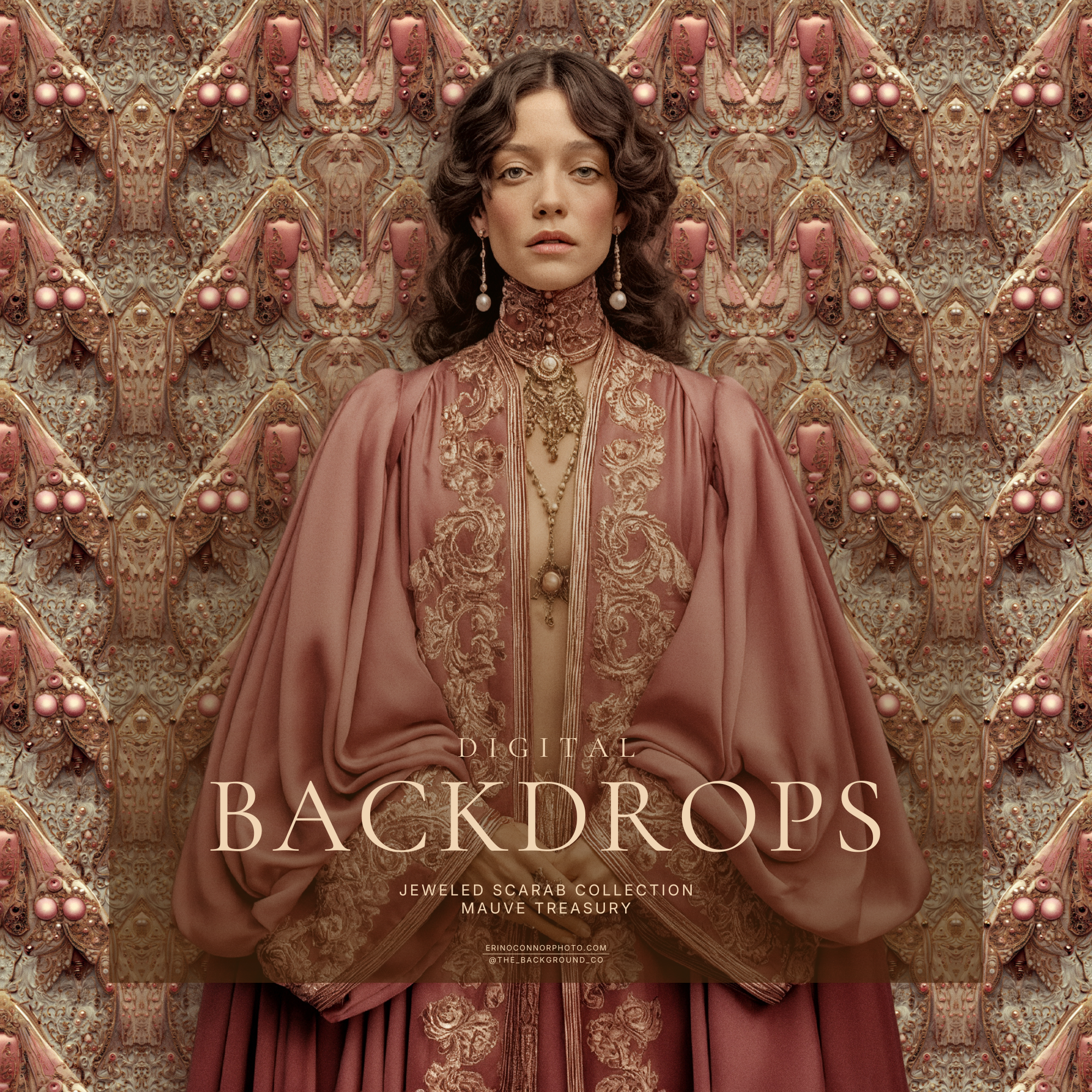 Portrait composite on Jeweled Scarab Mauve Treasury, woman in mauve embroidered robe, ornate rose gold scarab damask wallpaper tile, high resolution JPEG background.