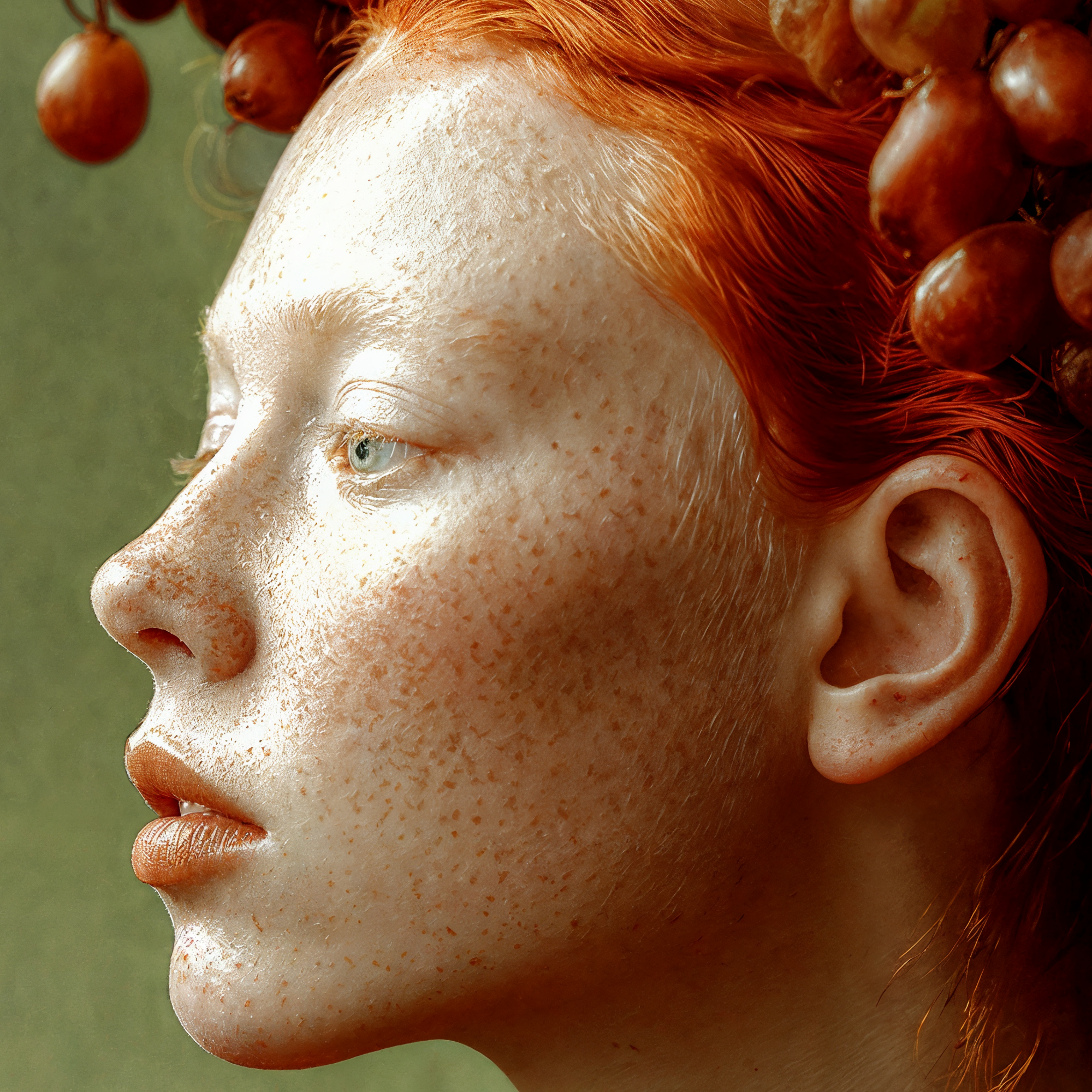 Close profile of Blythe looking beyond the frame beneath her elaborate grape headdress.