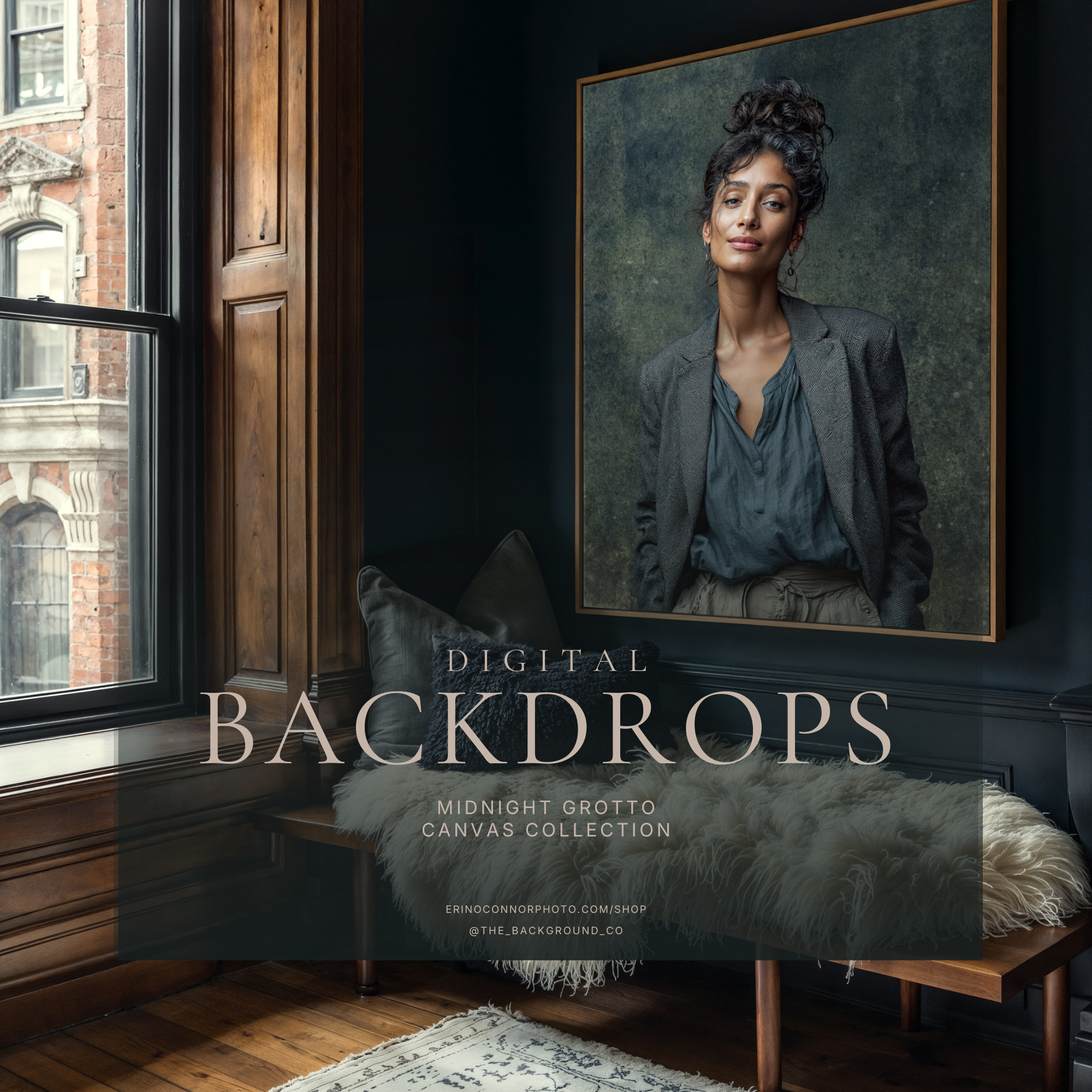 Midnight Grotto Digital Canvas room mockup - framed portrait on moody canvas backdrop displayed on dark blue wall above bench, showing wall art print presentation.