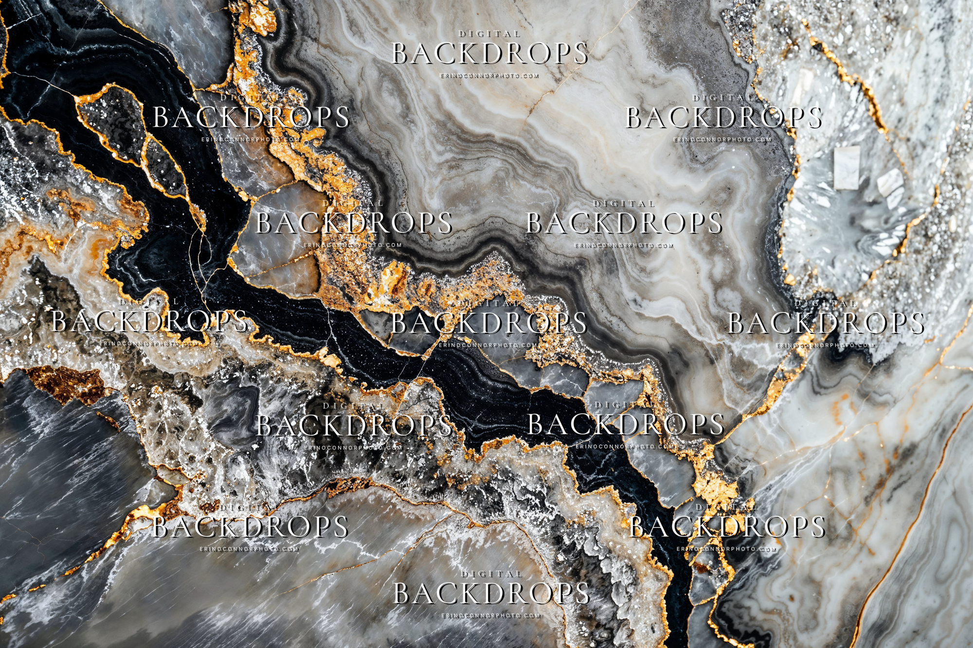 Black white gold marble texture digital background with smoky grey stone, quartz detail, dramatic contrast, and metallic gold veins.