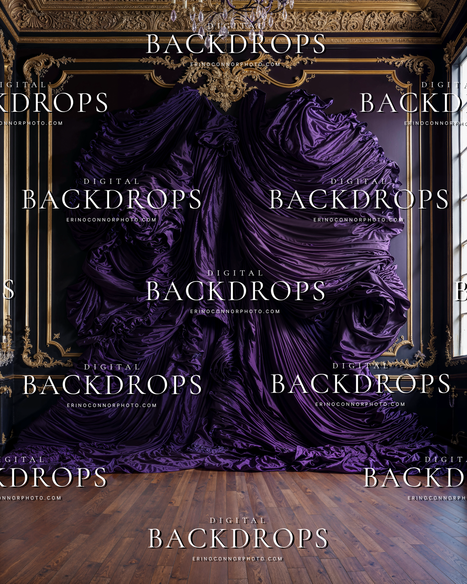 Dark romantic amethyst silk portrait background with ornate gold trim, window light, and dramatic flowing fabric.
