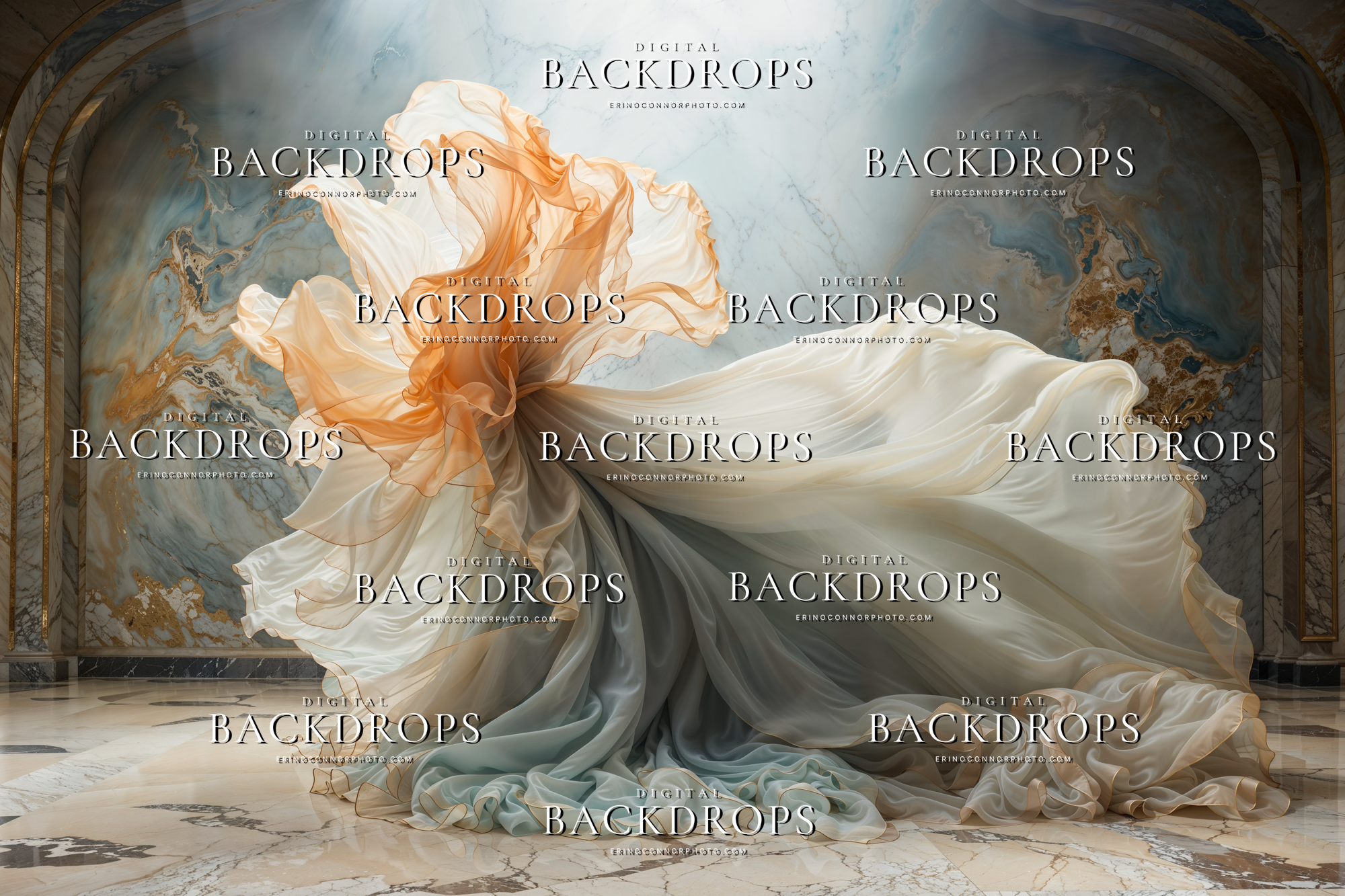 Soft apricot and ivory chiffon swirling across a marble interior with painterly stone walls, digital background for portrait and maternity composites.