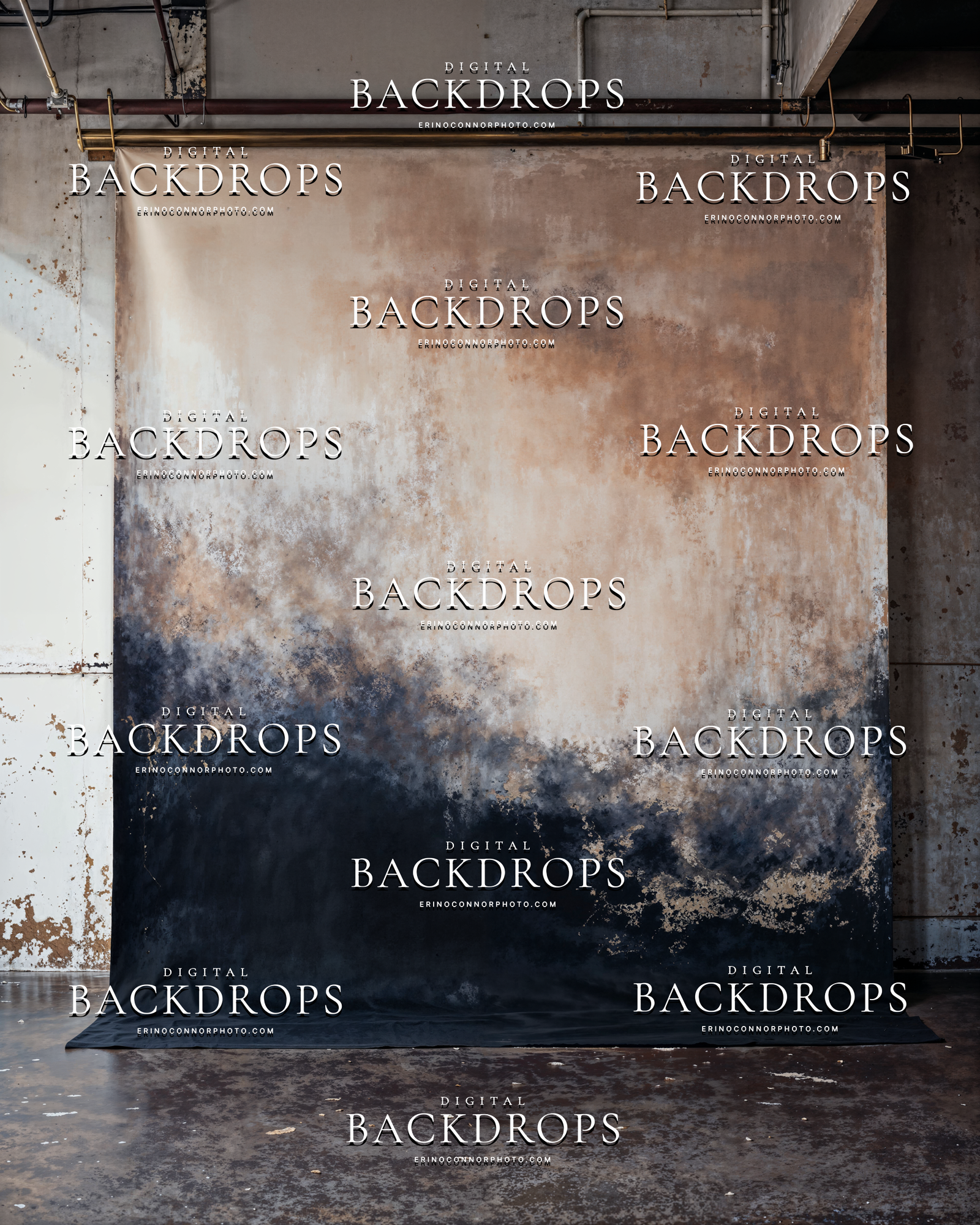 Warm terracotta and slate painterly studio canvas backdrop, cloudy textures, moody dark base, hanging canvas in an industrial studio setting.