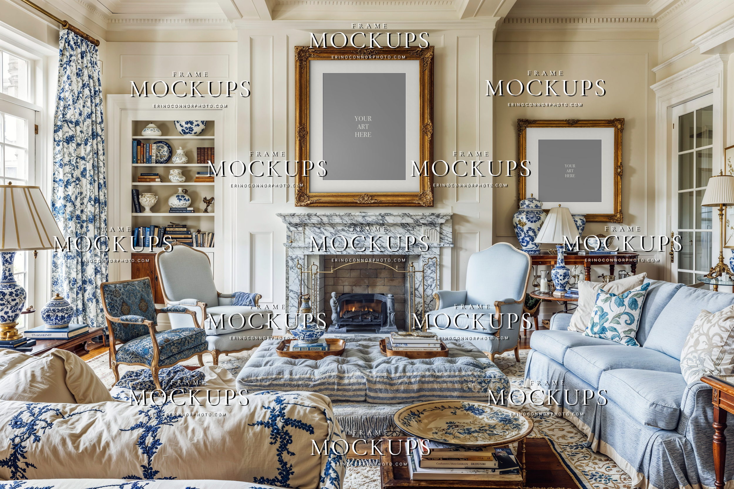 Empty Grand Millennial mockup scene with two gilded frames, a marble fireplace, pale blue chairs, blue and white porcelain, and a collected traditional room in soft daylight.
