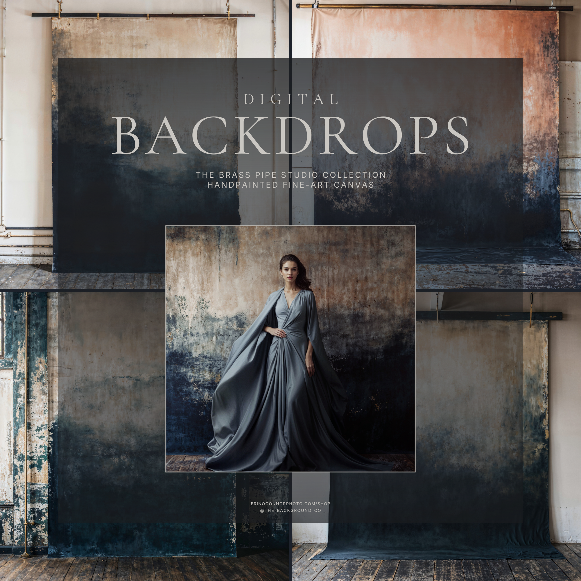 Promo collage for Hand Painted Canvas: The Brass Pipe Studio, four hand painted canvas style studio backdrops with a centered portrait composite example.