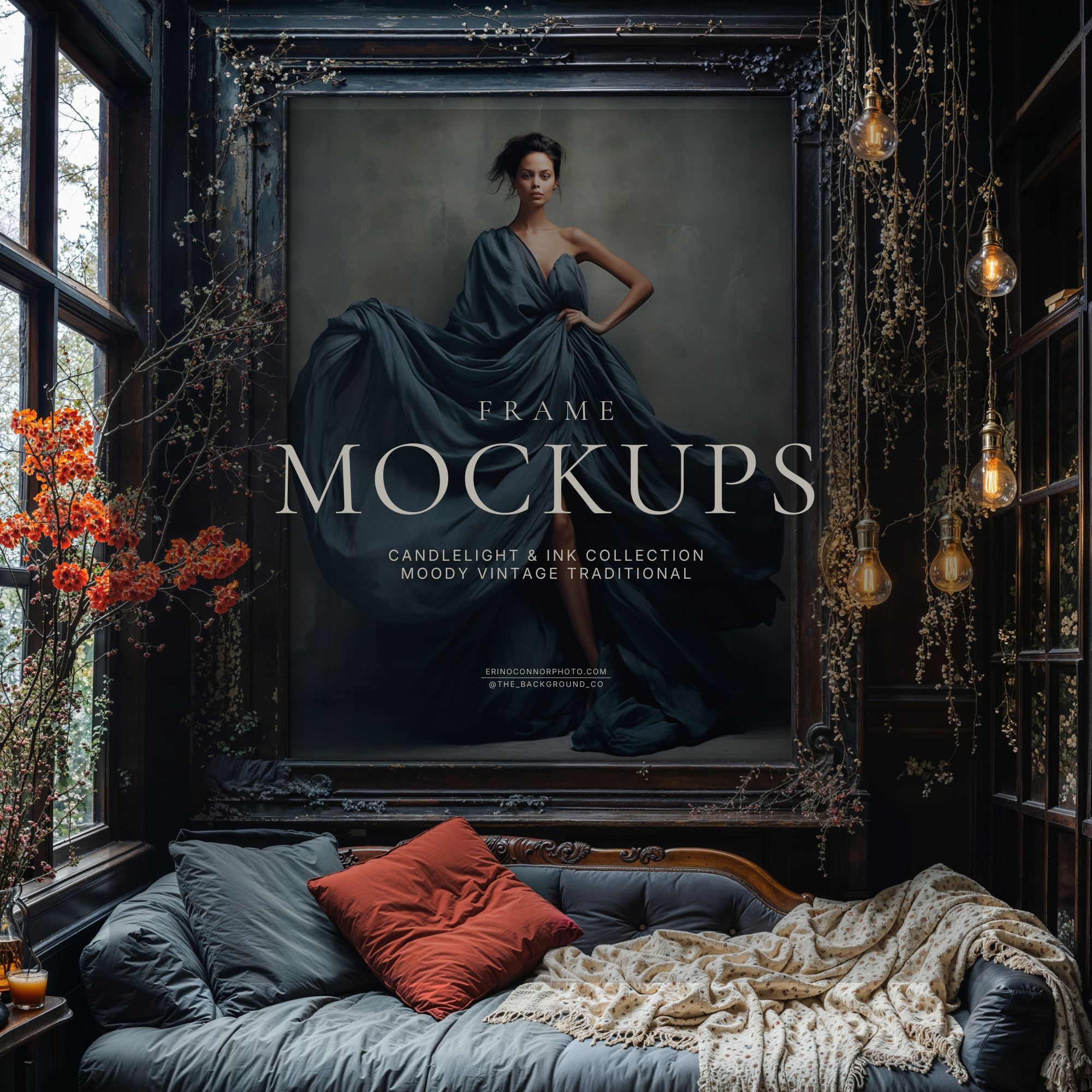 Dark vintage window nook with daybed, hanging Edison bulbs, autumn branches, and oversized frame mockup, dramatic room mockup for artists and photographers to showcase wall art.