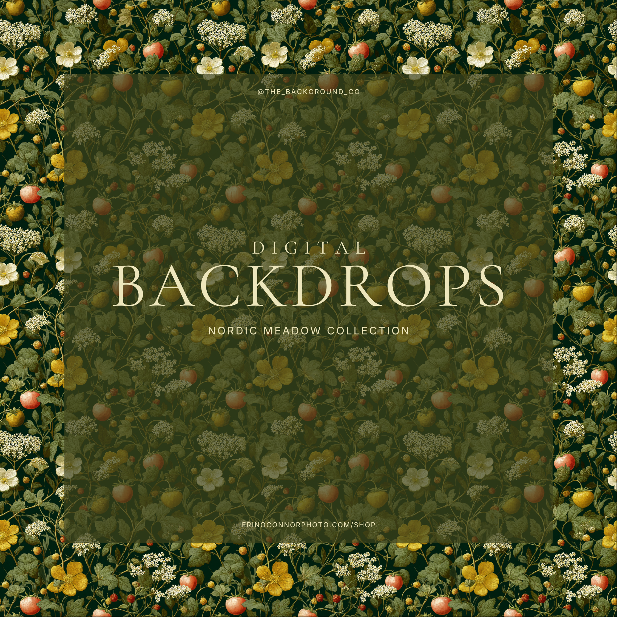 Nordic Meadow digital background: moody dark green meadow pattern with wildflowers, lace blooms, berries and orchard fruit, storybook botanical backdrop for fine-art portraits.
