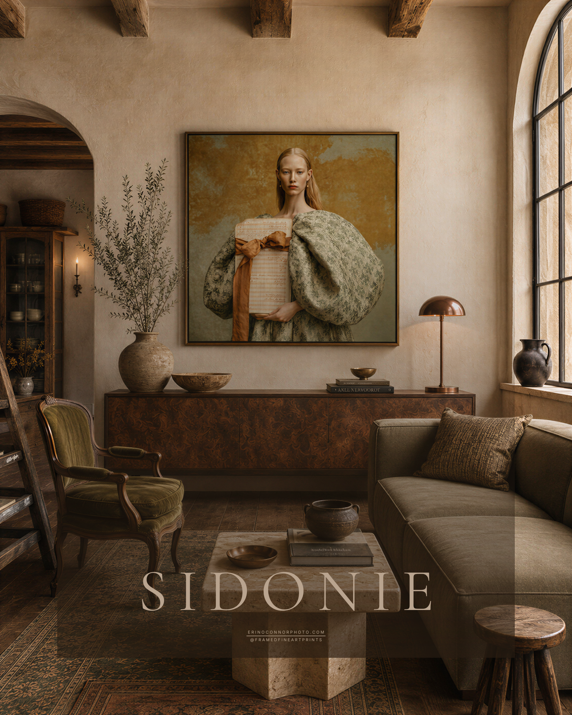 Large framed Sidonie portrait displayed in a warm old-world living room with plaster walls, dark wood furniture, olive seating, and antique-inspired decor.