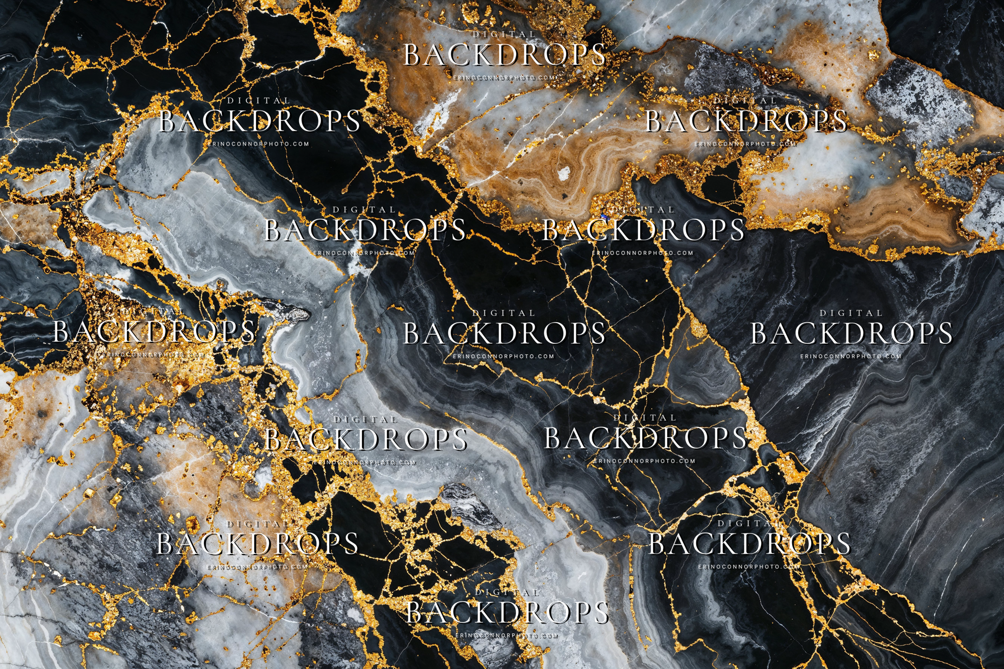 Black gold marble texture digital background with charcoal stone, grey veining, amber mineral detail, and metallic gilded lines.