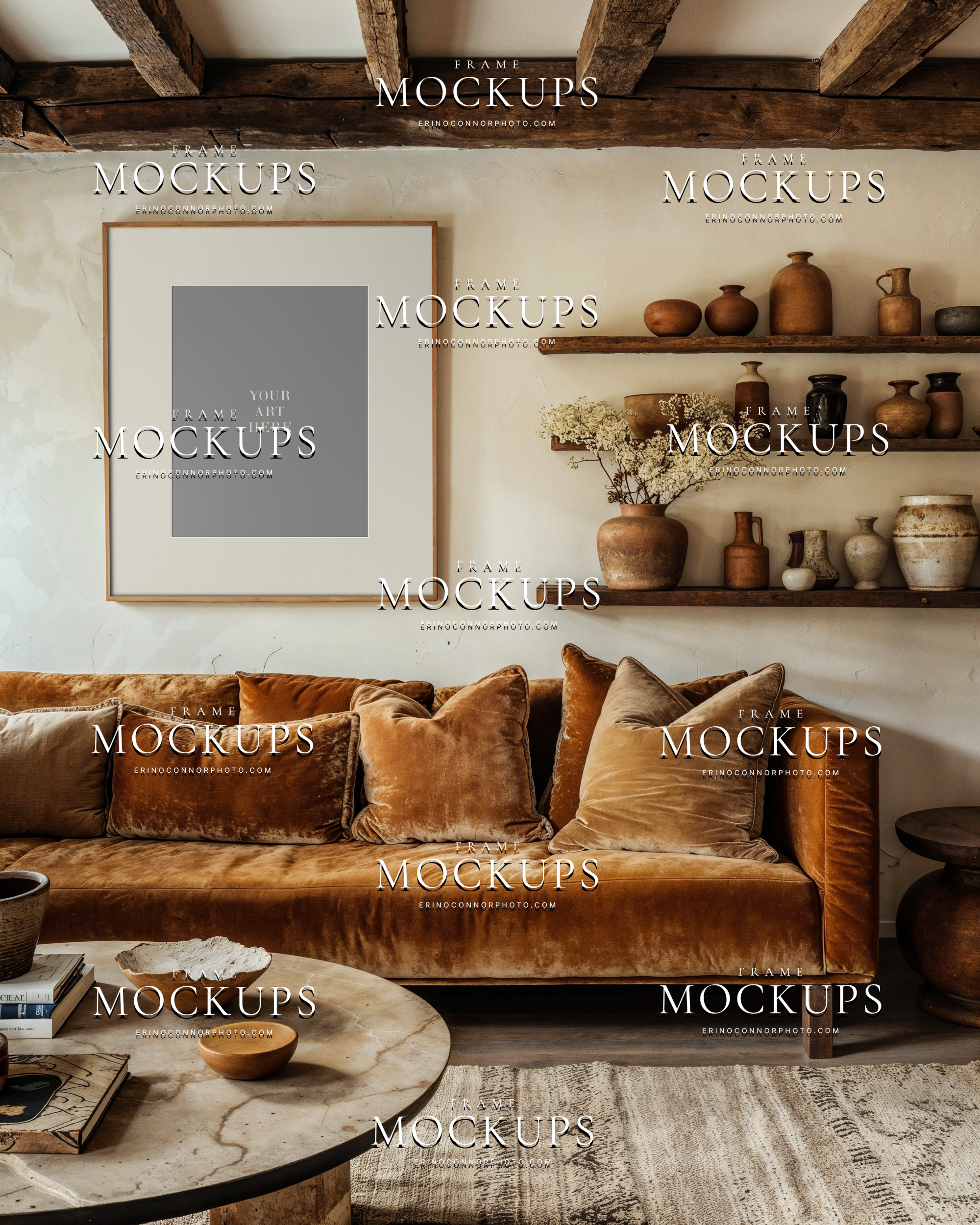 Rustic modern vertical frame mockup above a honey velvet sofa with plaster wall, wood beam ceiling, and earthy ceramic shelf styling