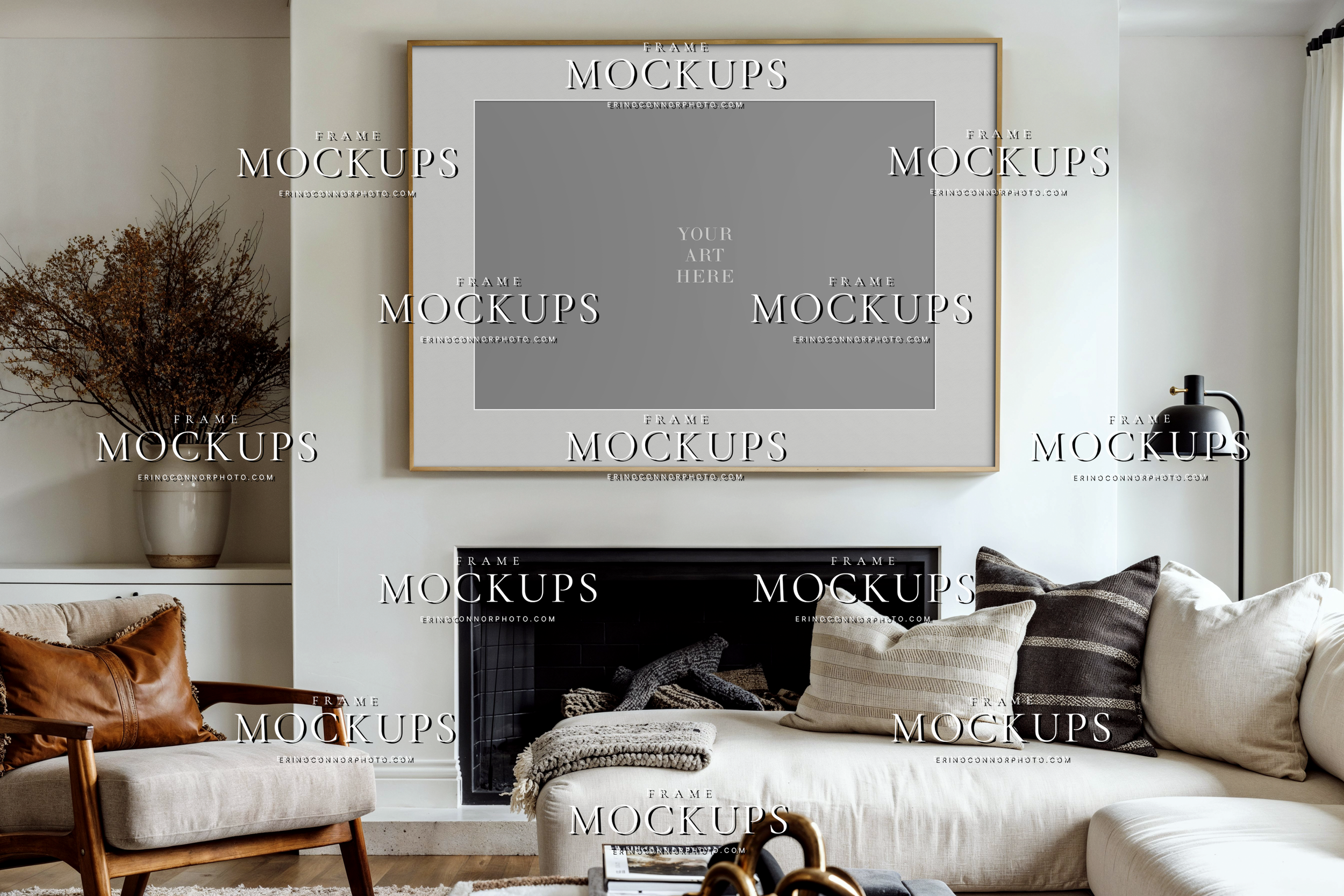 Traditional living room frame mockup preview with white fireplace, neutral sofa, and styled family portrait presentation for photographers and artists marketing prints.