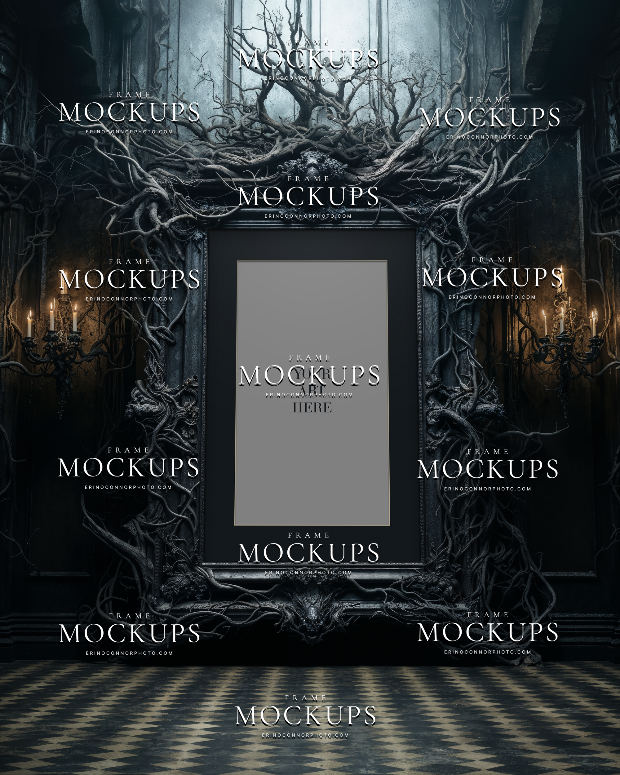 Gothic revival vertical frame mockup with black carved frame, tangled branches, candle sconces, and moody old world interior