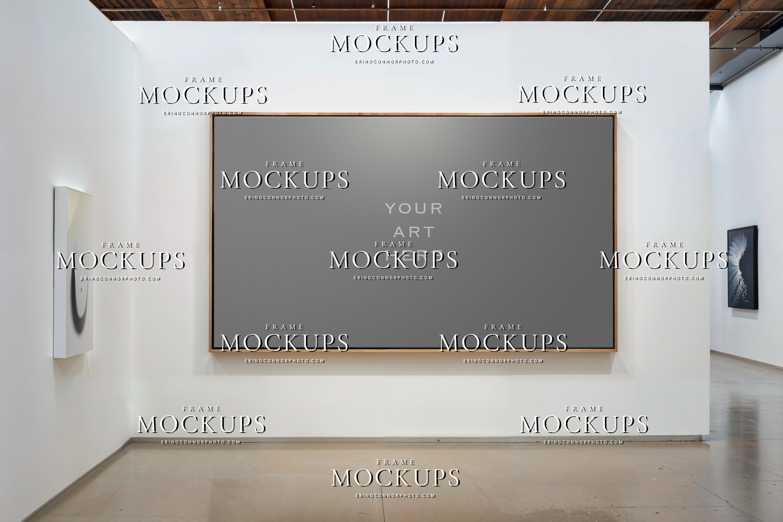 Clean modern art gallery framed canvas mockup with oversized landscape canvas, white exhibition wall, and refined museum style presentation.