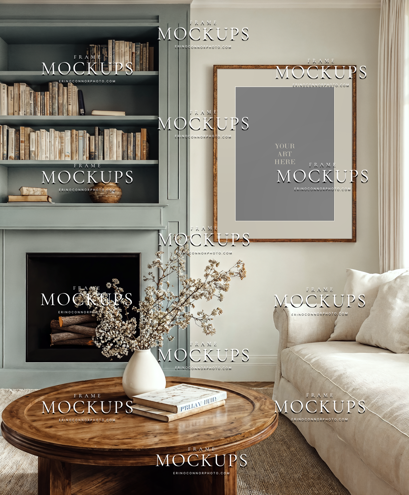 Transitional living room interior with built-ins, fireplace, and framed wall art mockup on neutral wall designed for photographers and artists marketing prints.