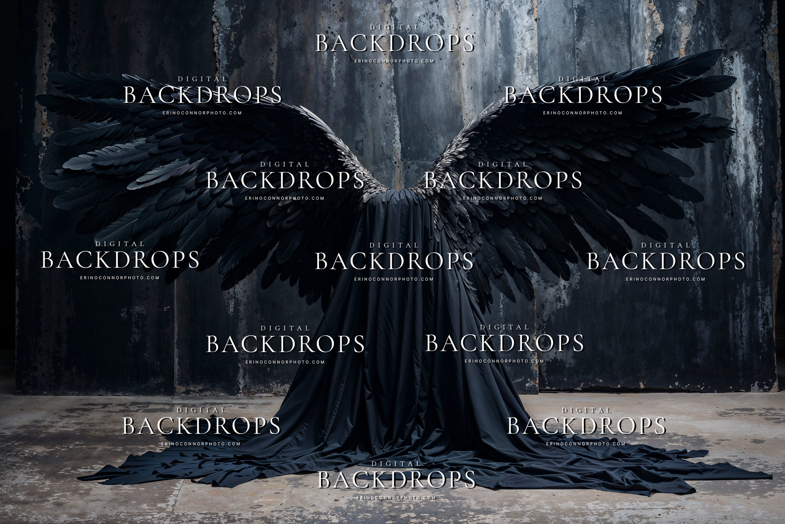 Wide black feather wings and dark drape on studio floor with weathered concrete wall, gothic angel wings digital background for fine art composites.