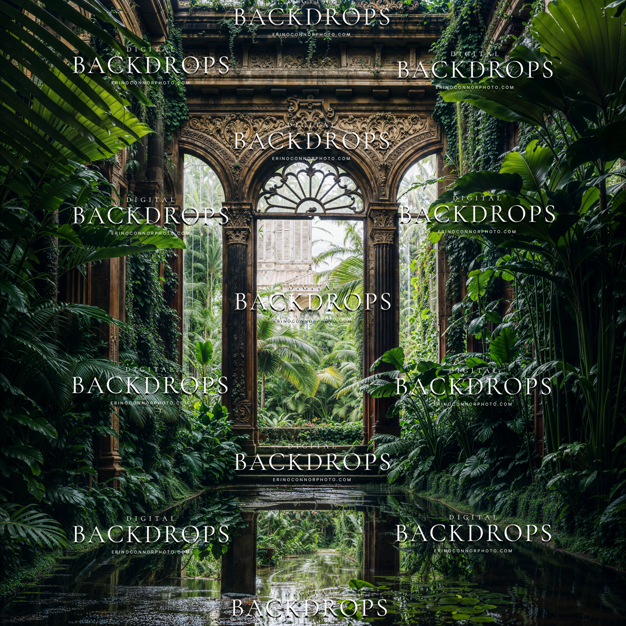 Ornate palace greenhouse corridor with carved stone archway, tropical foliage, and reflective water pool, Palace Greenhouse: Emerald Conservatory digital backdrop.