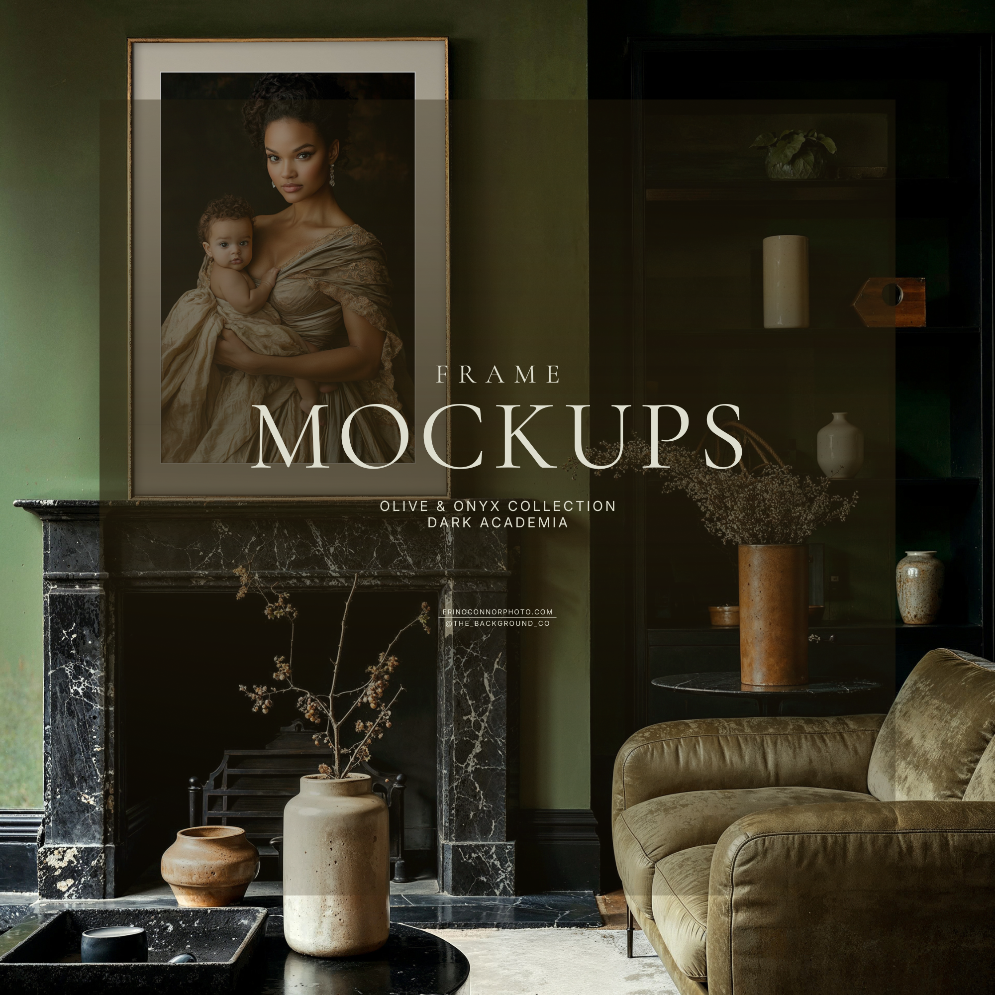 Dark Academia Room & Frame Mockups | Olive & Onyx Wall Art Mockup Set