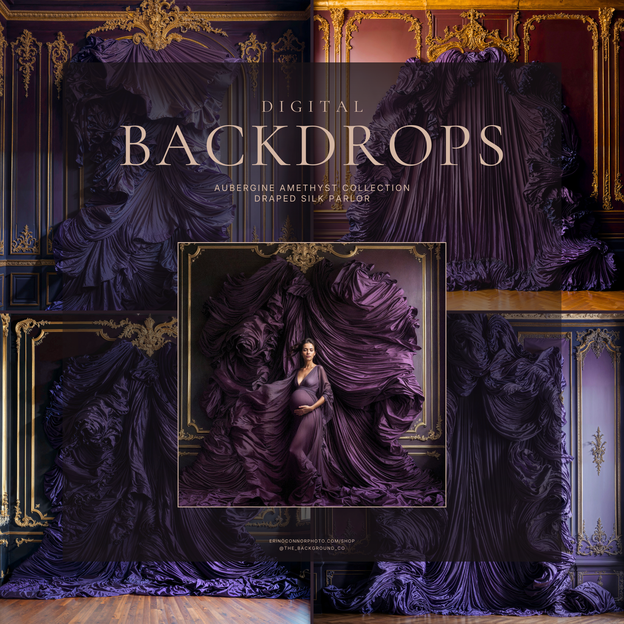 Aubergine Amethyst purple silk digital backdrop collection for maternity, fine art, fantasy, and editorial portrait composites.