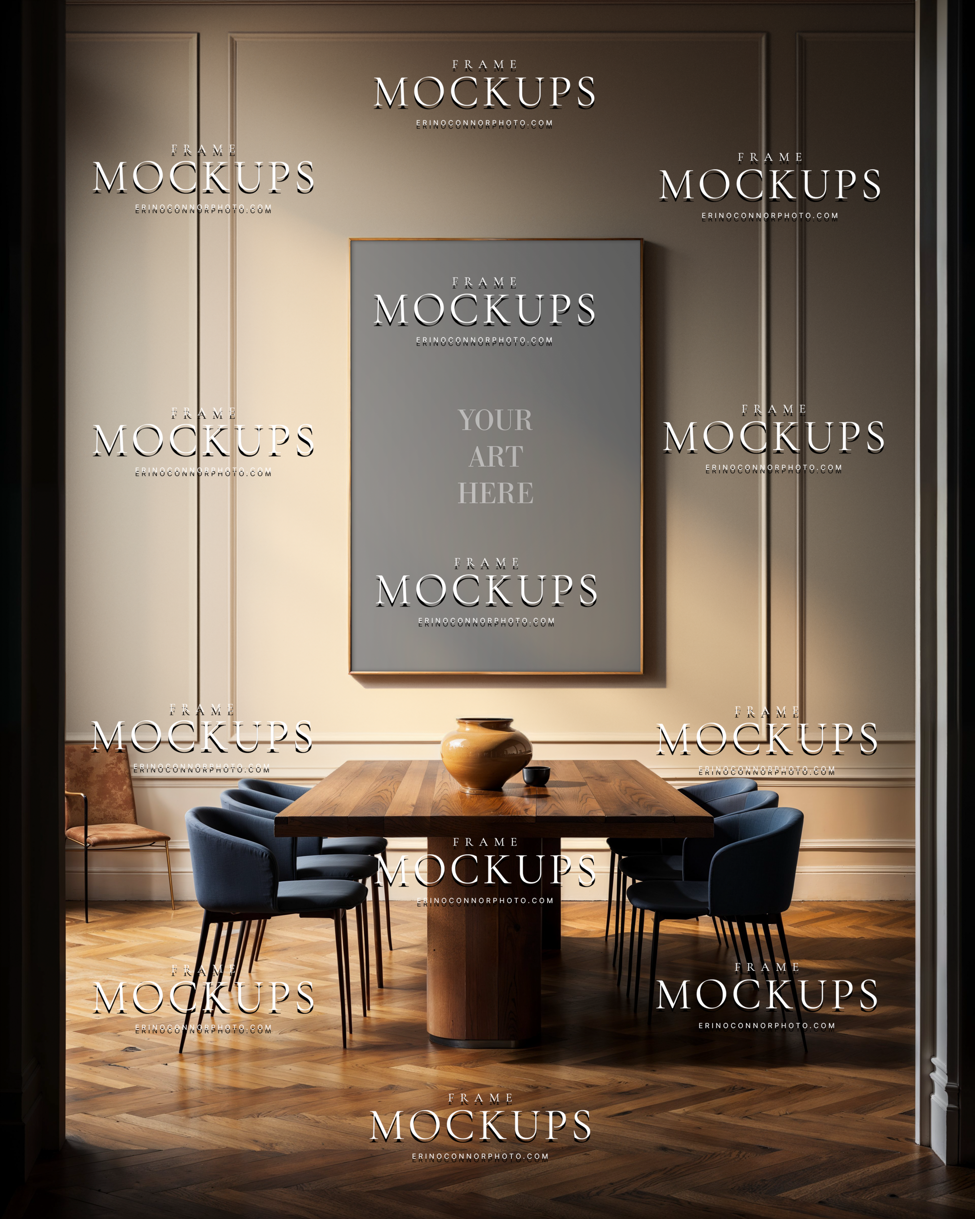Empty wall art mockup with tall vertical frame above a walnut dining table, pale paneled walls, blue dining chairs, and a refined modern traditional interior.