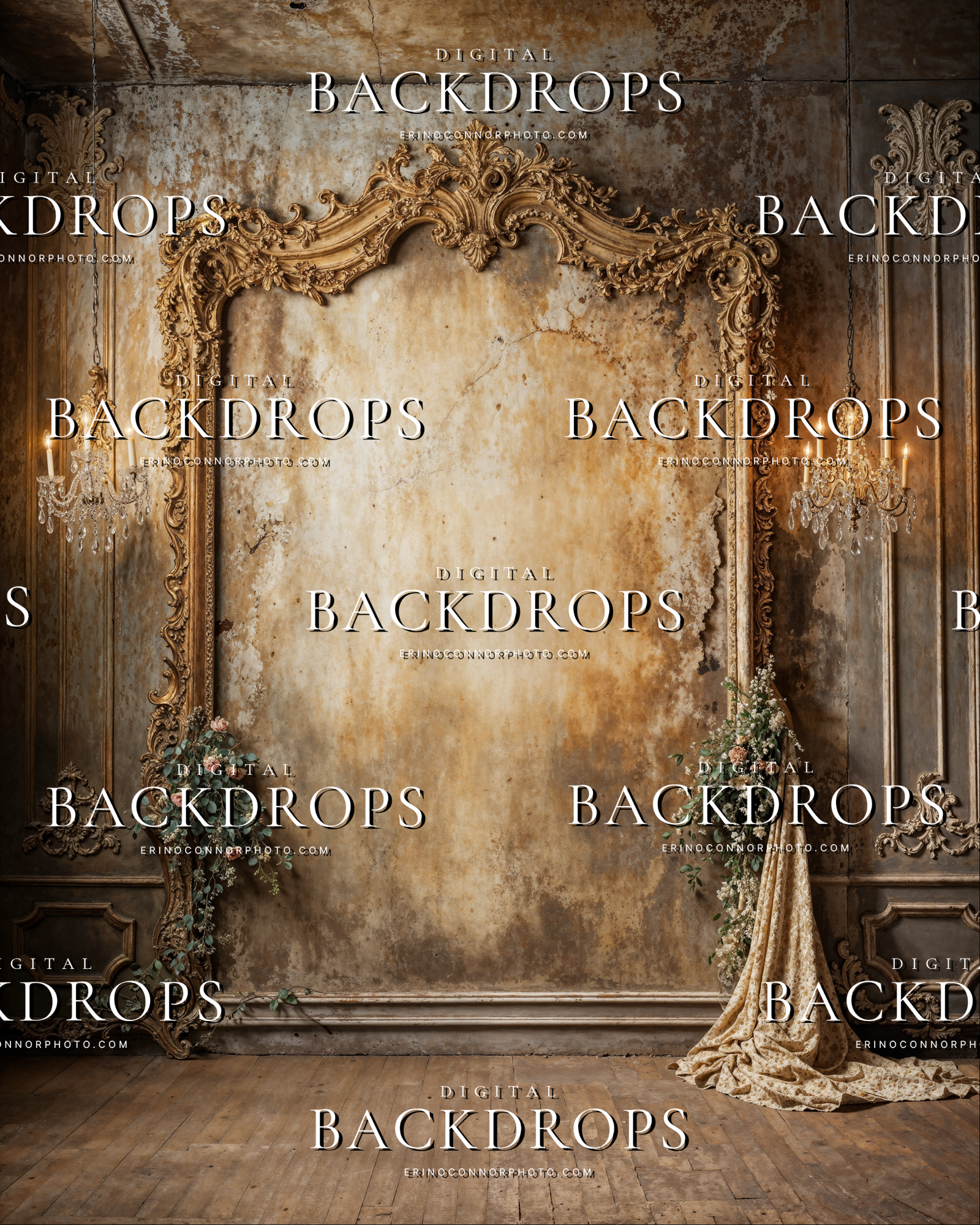Tall rococo frame digital background with chandelier lighting, floral greenery accents, and distressed old world wall.