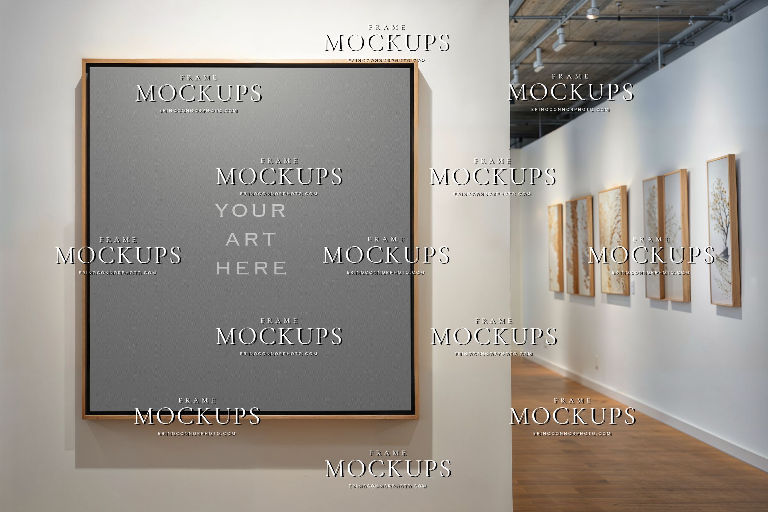 Clean modern art gallery framed canvas mockup with portrait canvas, white exhibition wall, wood floor, and open corridor display.