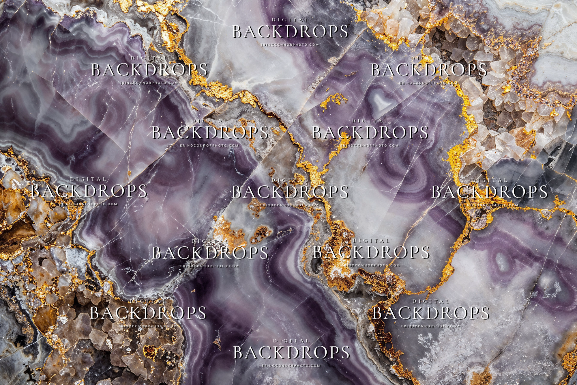 Amethyst purple gold marble texture digital background with deep violet stone, grey crystal texture, warm brown layers, and gilded veins.