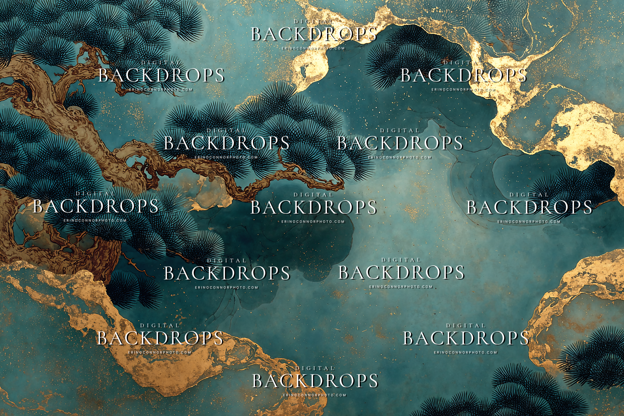 Kyoto Moon Garden digital background: teal watercolor wash with gold leaf clouds and dark pine branches, Japanese-inspired fine art portrait backdrop.