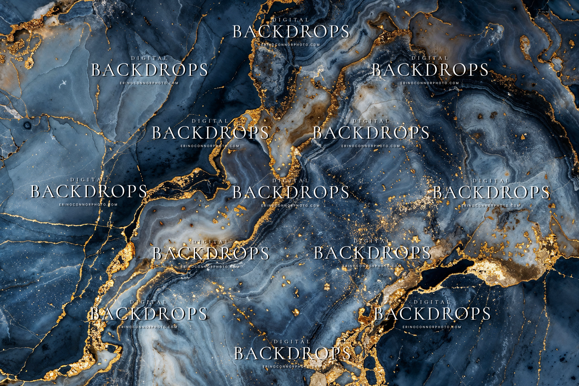 Navy blue gold marble texture digital background with deep blue stone, smoky grey layers, black contrast, and metallic gold vein detail.