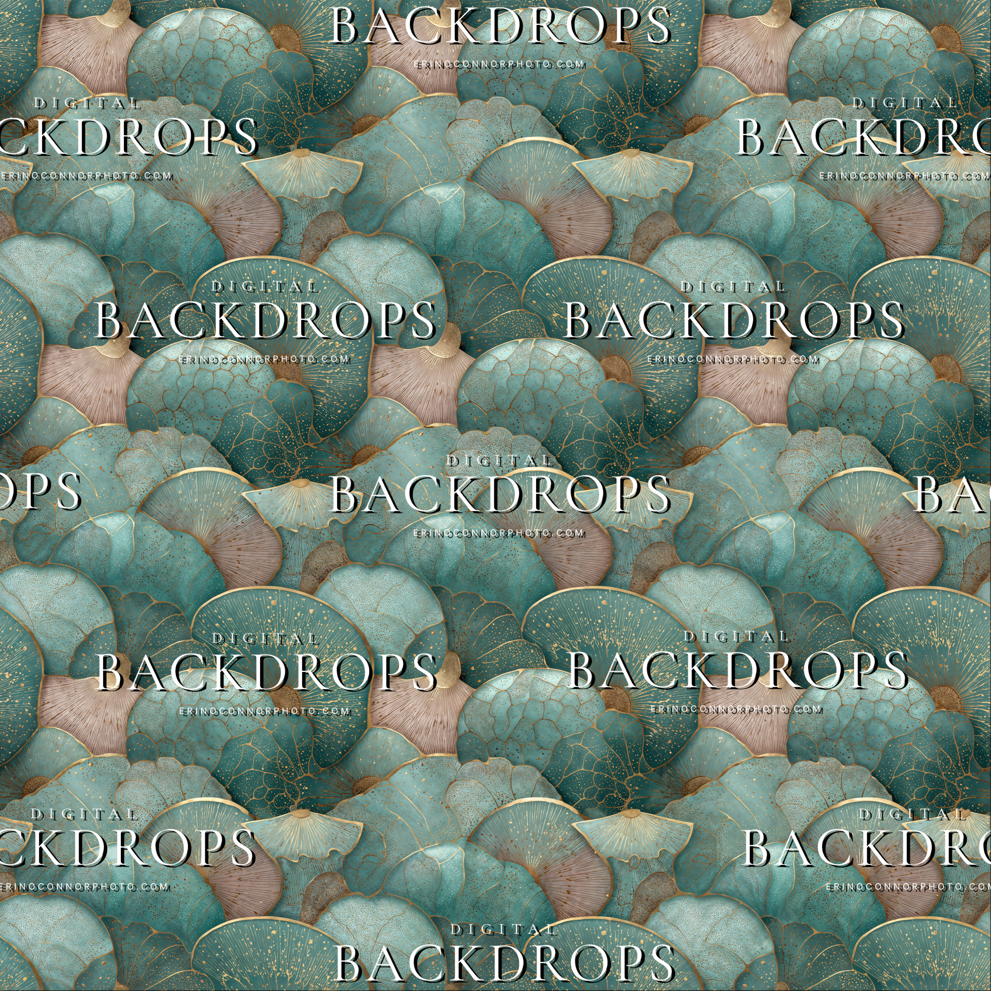 Deep teal layered coral fan digital background with gold speckled texture, pearl details, and ornate Art Deco reef inspired pattern.