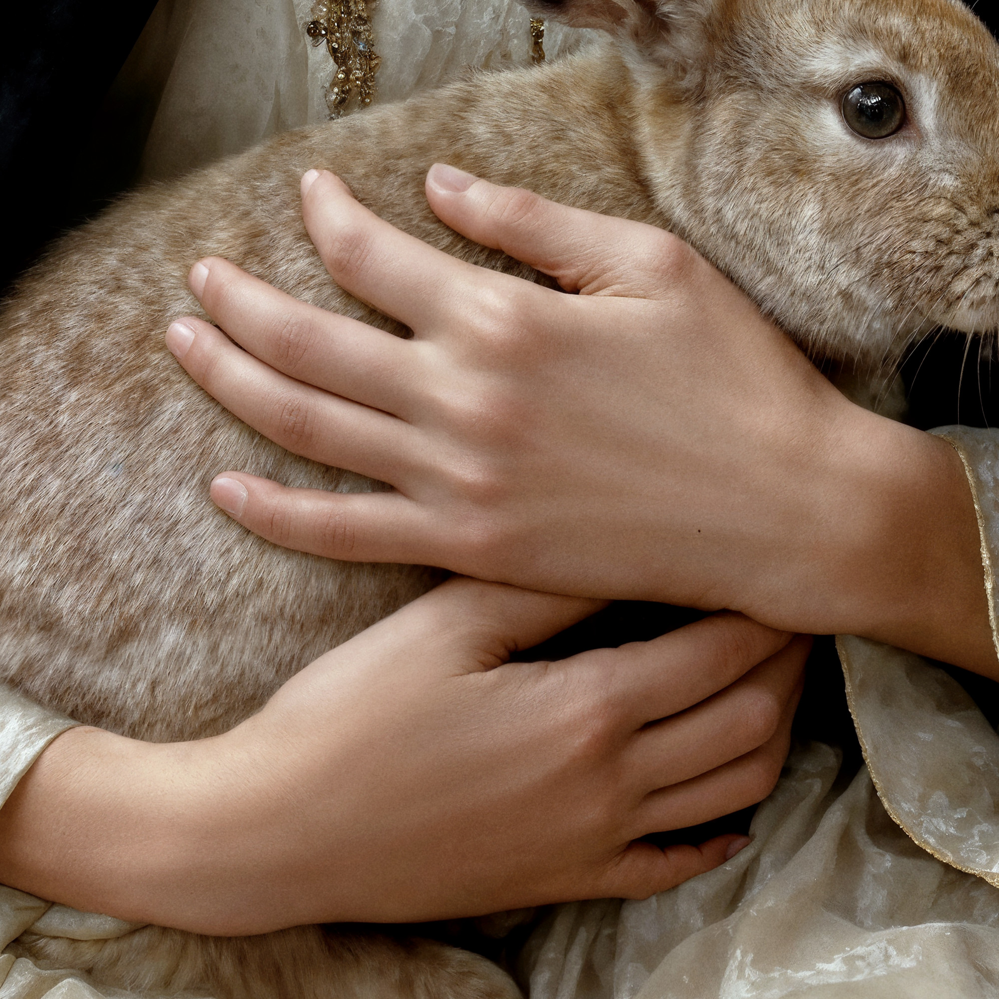 Close detail of Eira's hands gently holding and protecting the brown rabbit against her embroidered ivory gown.