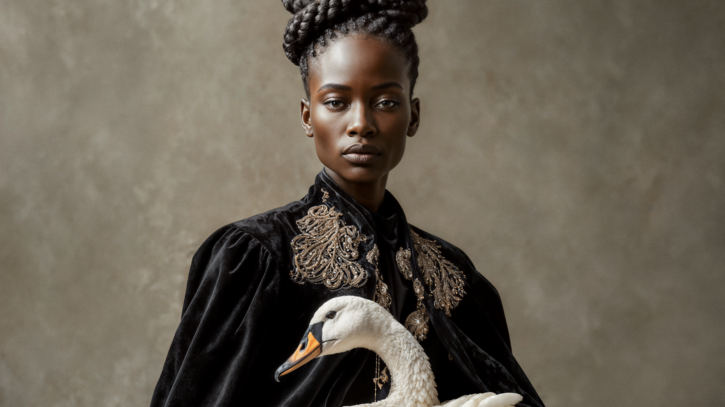Close detail of Vaelora beside a white swan in a dark romantic fine art portrait.