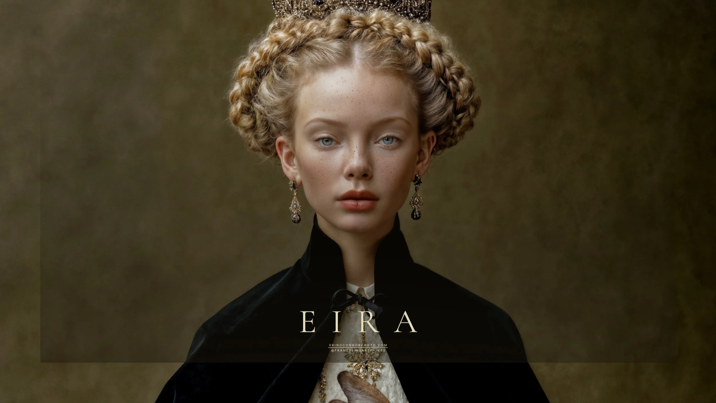 Eira wearing a black velvet mantle and embroidered ivory gown while gently holding a brown rabbit.