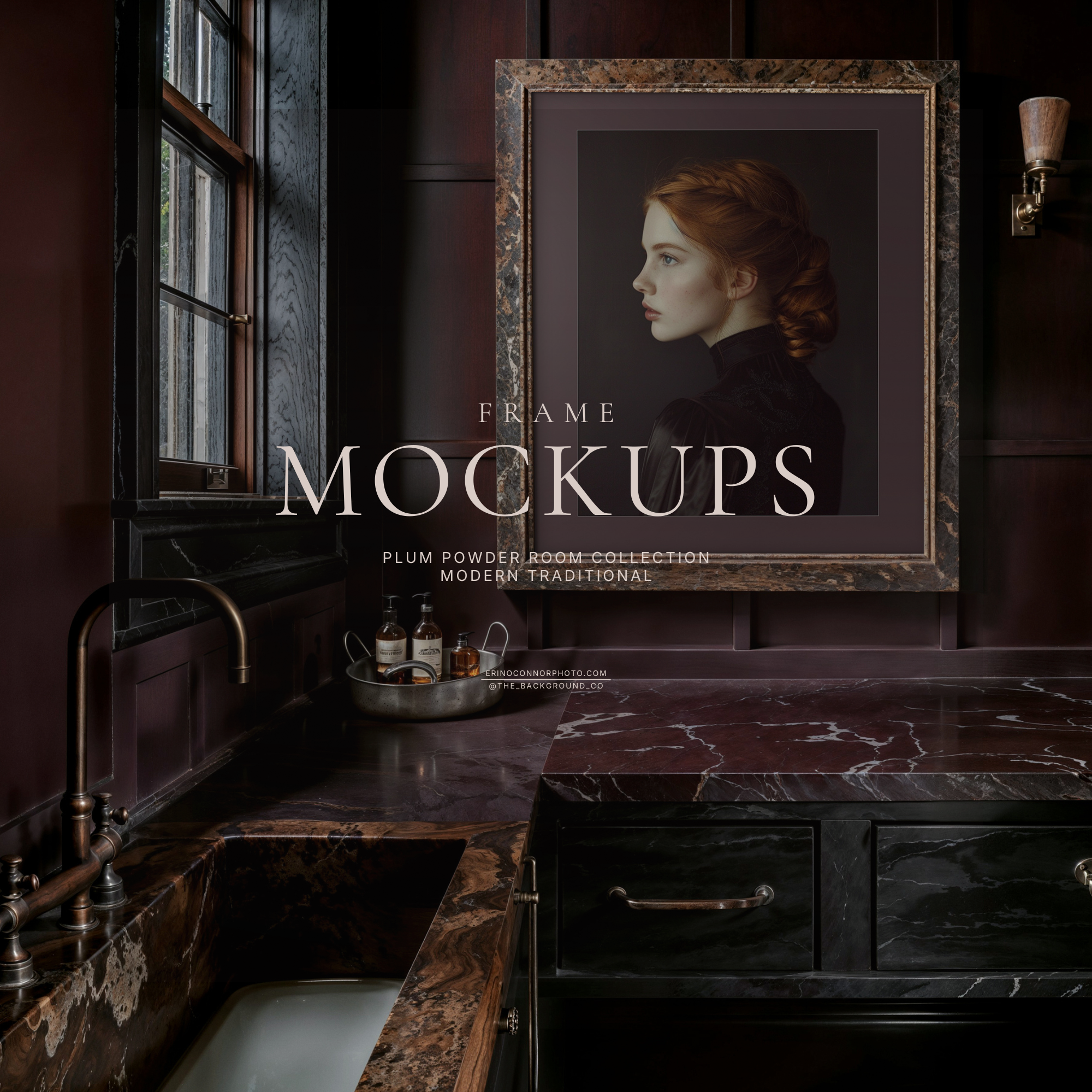 Modern traditional plum powder room wall art mockup with square ornate frame above dark marble counter, brass faucet, moody purple paneling, luxury bathroom interior display for artists.